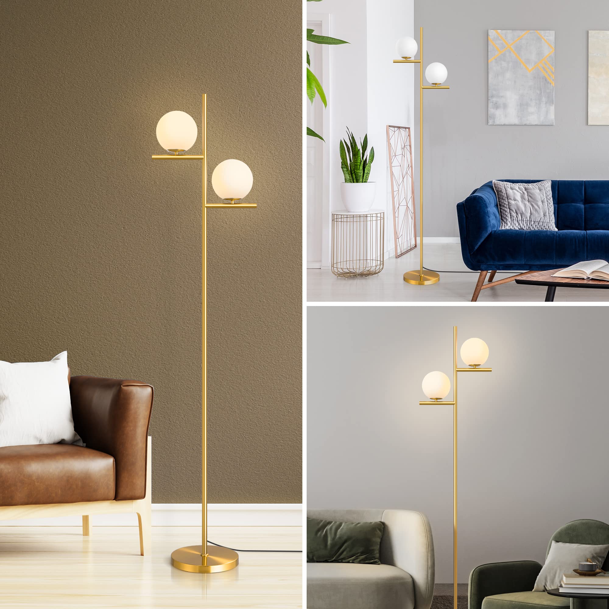 67.5in Mid Century Modern Globe Floor Lamp, Upgraded Dimmable Gold Standing Lamps for Living Room, Frosted Glass Shade, LED Tall Pole Lamp for Bedroom-Brass Plating