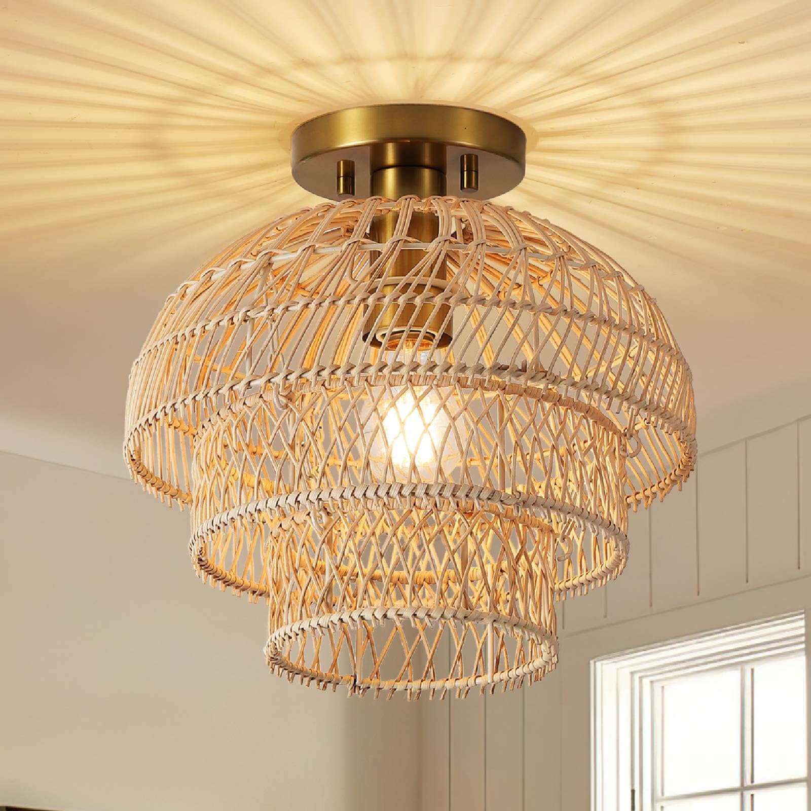 12'' Rattan Ceiling Light Fixtures Boho Chandelier Rattan Semi Flush Mount Ceiling Light with Tiered Wicker Lampshade,Farmhouse Ceiling Light Fixtures for Bedroom Entryway Living Room Nursery