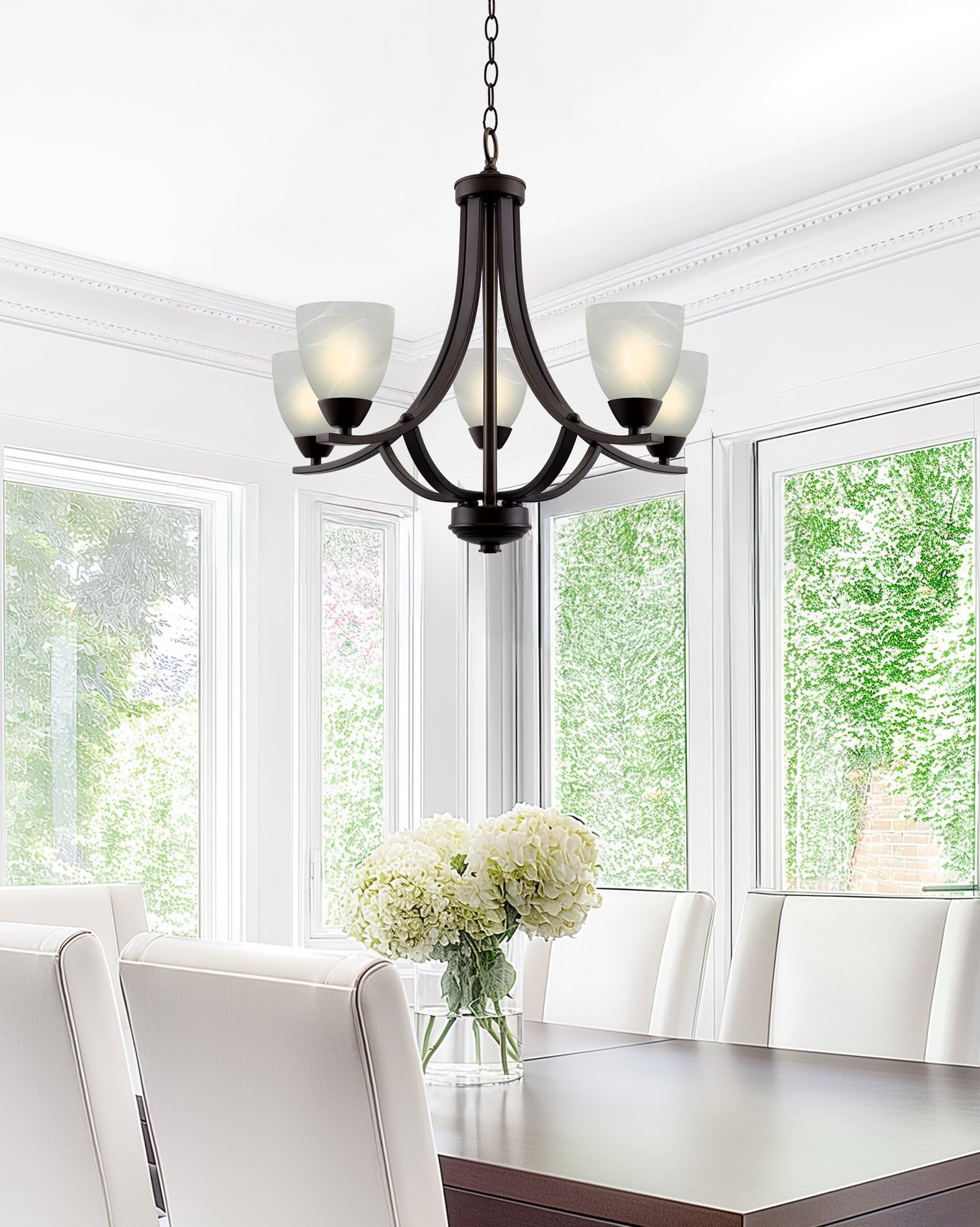 24" Contemporary 5-Light Large Chandelier + Alabaster Glass Shades, Adjustable Chain, Brushed Nickel Finish