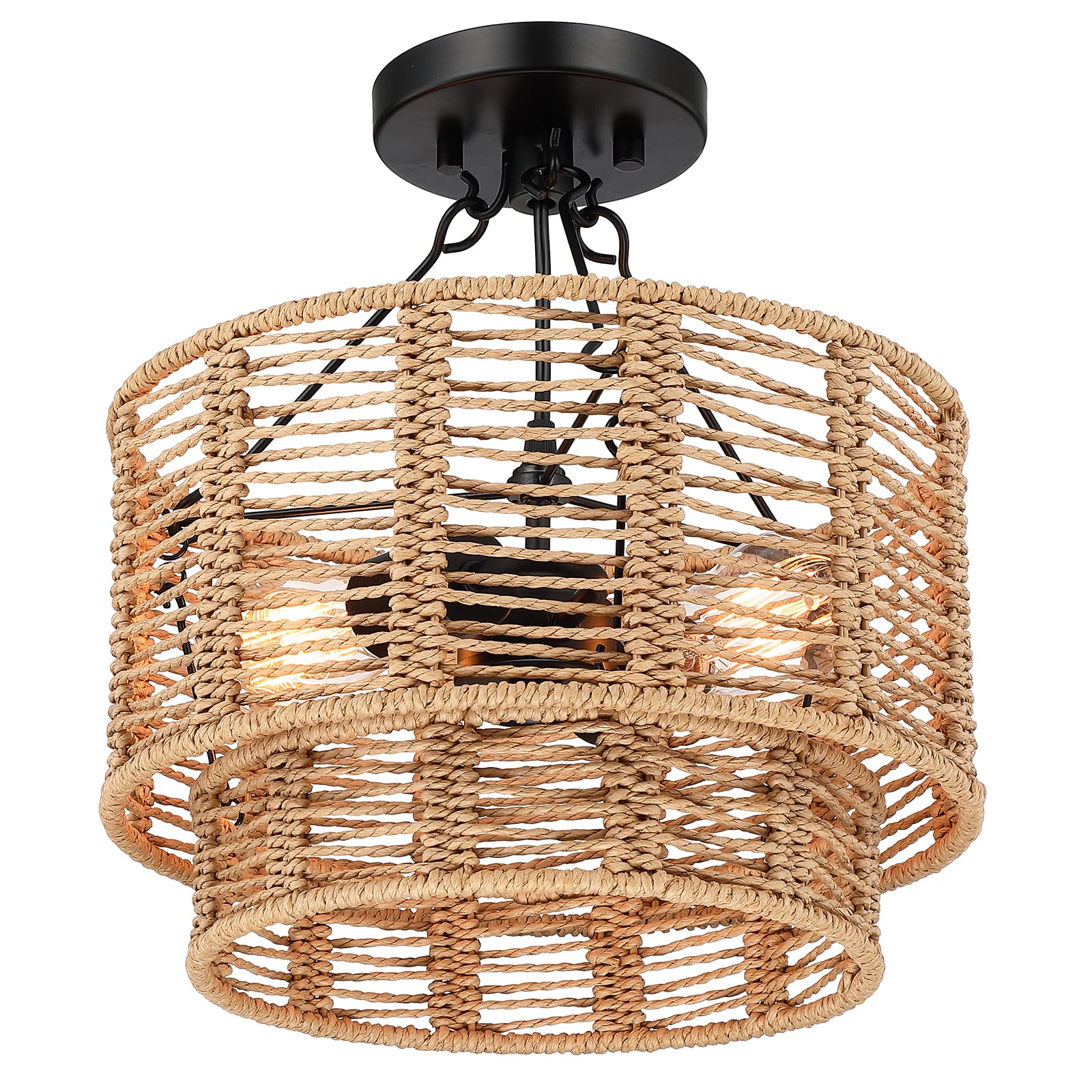 12'' Rattan Ceiling Light Fixtures Boho Chandelier Rattan Semi Flush Mount Ceiling Light with Tiered Wicker Lampshade,Farmhouse Ceiling Light Fixtures for Bedroom Entryway Living Room Nursery