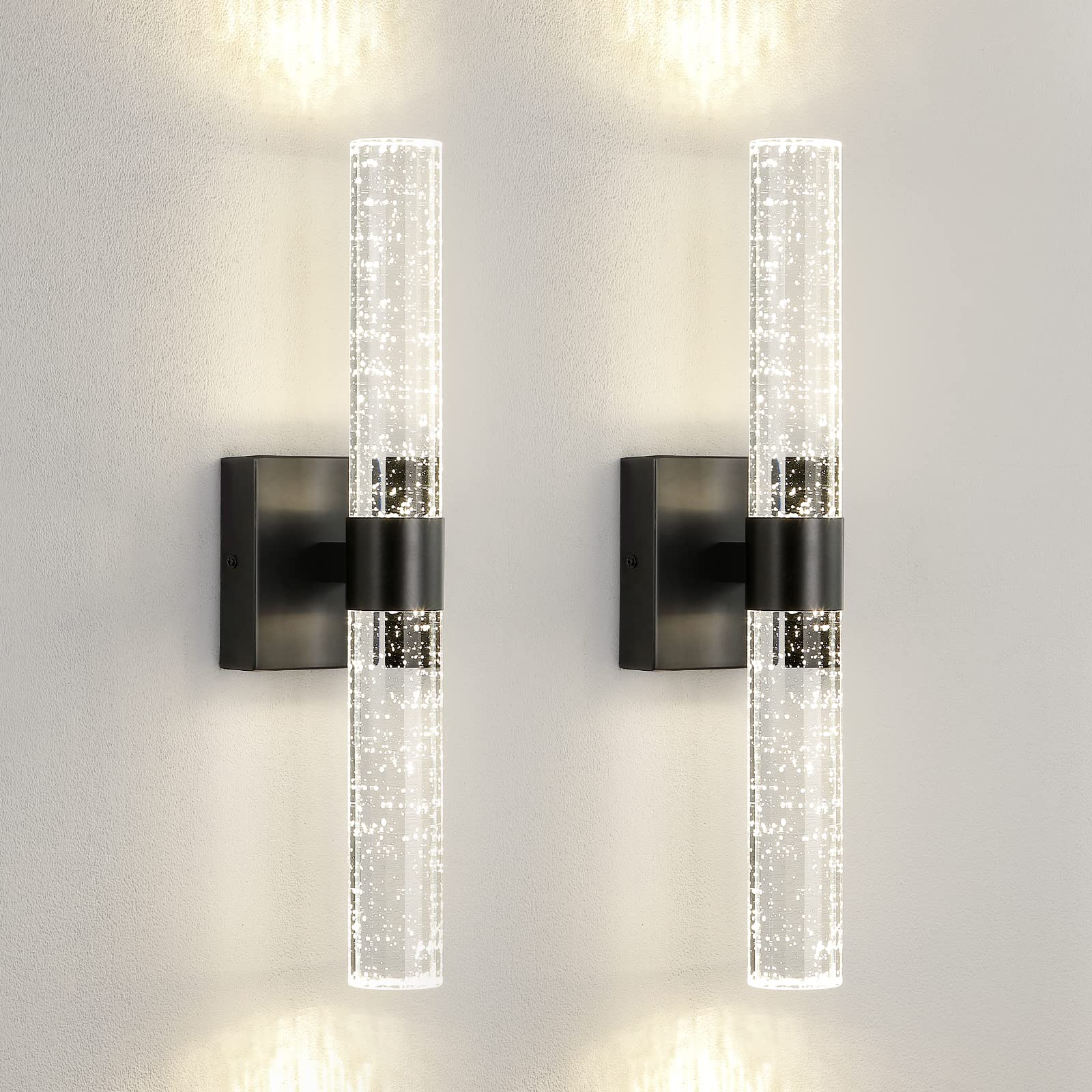 Black Modern LED Wall Sconce - 18 Inch Wall Sconces Set of Two 4000K Dimmable Crystal Sconce Wall Lighting Indoor Wall Mount Bathroom Vanity Light Fixtures for Bedroom Living Room, 12W