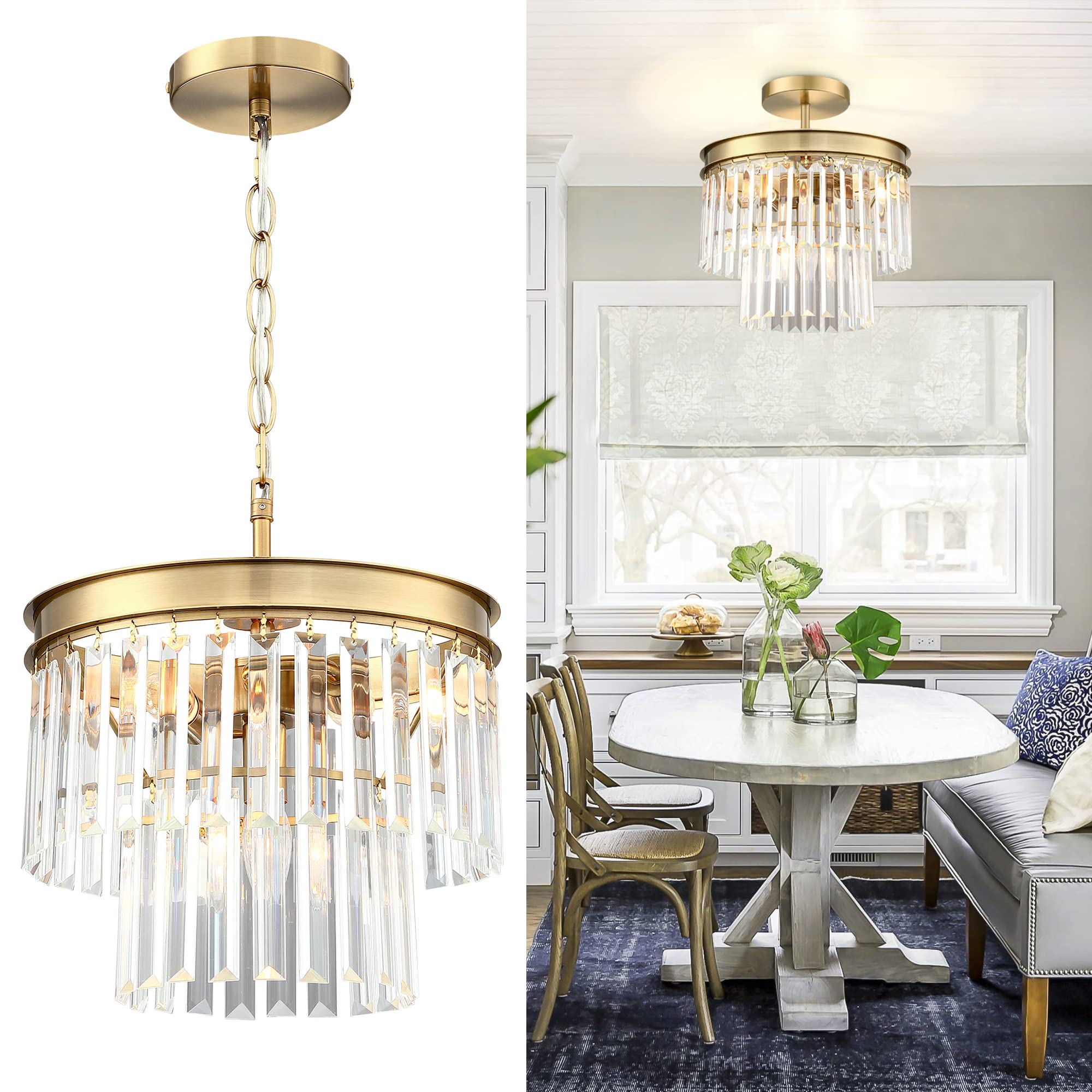 Crystal Chandelier Lighting Fixture Gold Finish 2-Tier Hanging Pendant Ceiling Lights for Living Room Bedroom Dinning Room Hallway