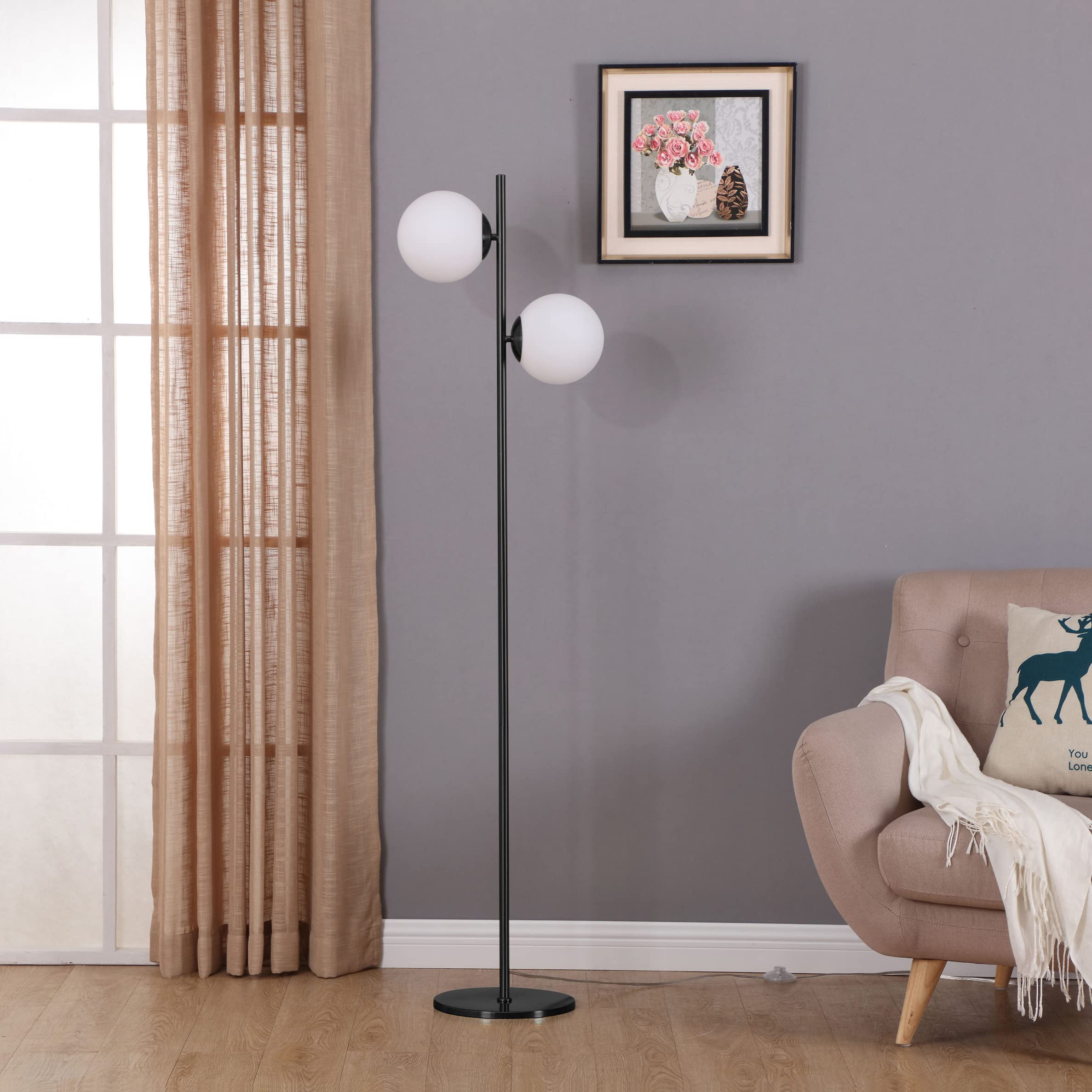 Brightech Sphere - Mid Century Modern 2 Globe Floor Lamp for Living Room Bright Lighting - Contemporary LED Standing Light for Bedrooms & Offices - Black Indoor Pole Light