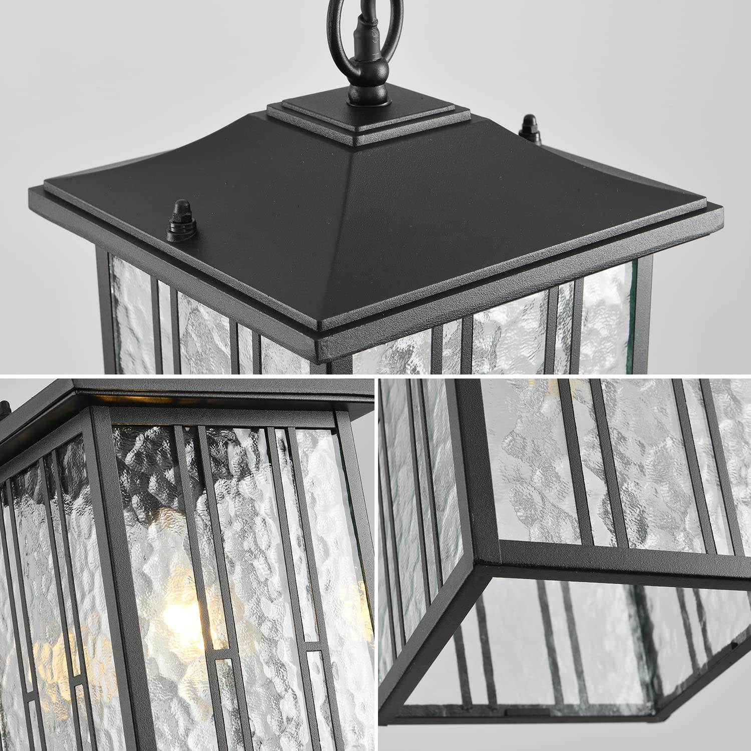 Outdoor Pendant Light, Black Exterior Hanging Lights, LED Outdoor Chandelier, Modern Hanging Lantern for Porch, Ceiling Entry Porch Patio Matte Black with Water-Rippled Glasses