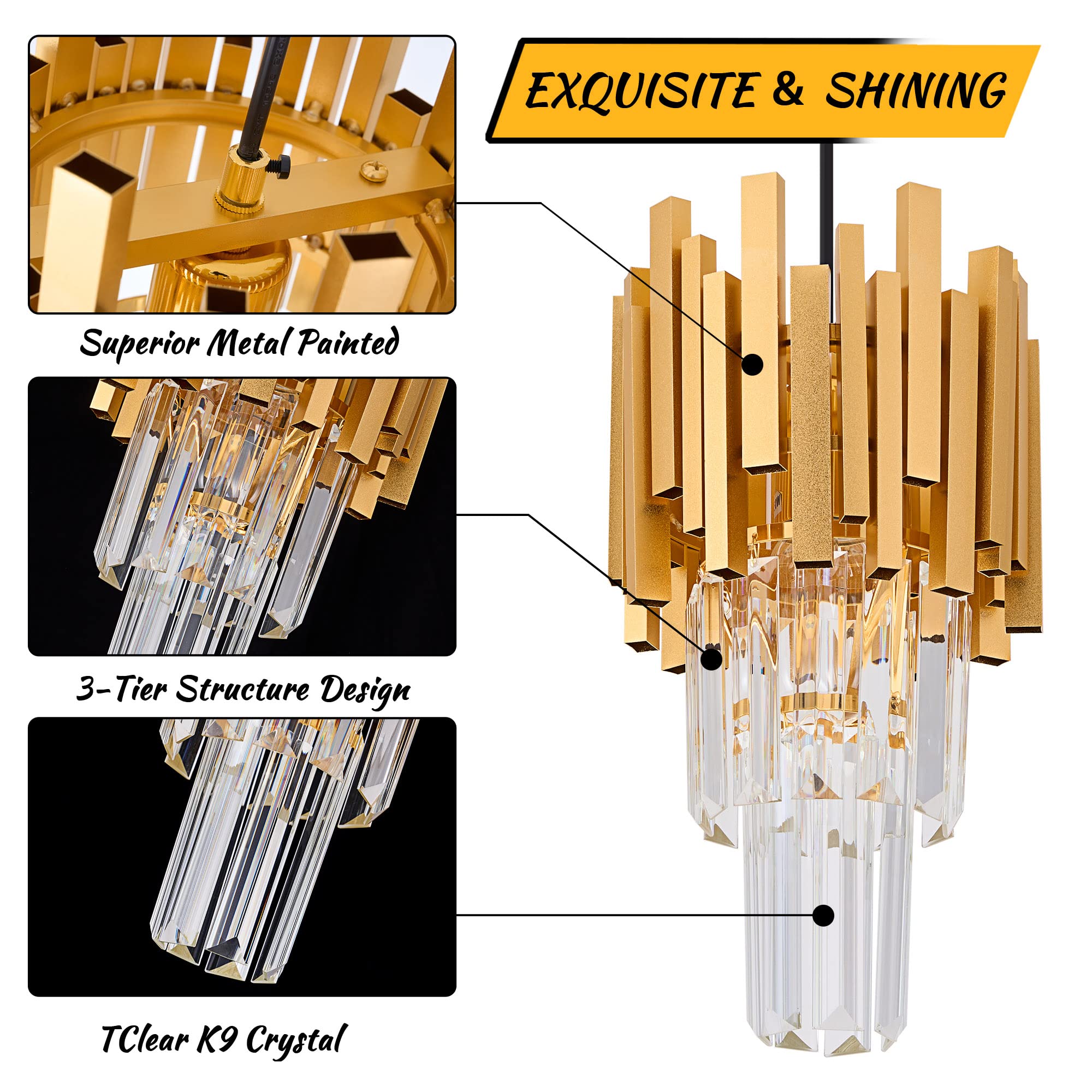 Gold Crystal Pendant Light Mini Modern Luxury Crystal Pendant Light Perfect for Dining Room, Bedroom, Kitchen, Living Room 3-Pack