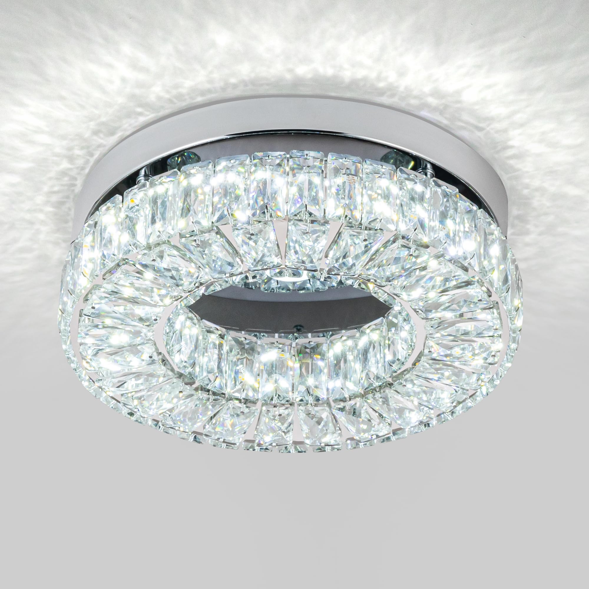 11.8" Crystal Chandelier LED Crystal Flush Mount Ceiling Light Modern Crystal Chandeliers for Bedrooms Dining Room Hallway (6500K Cool White) Without Remote Control