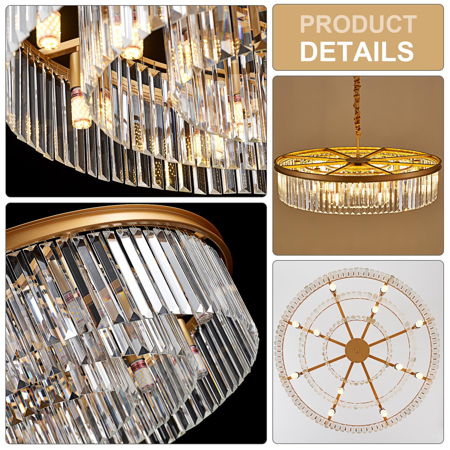 23" 8-Light Modern Crystal Chandelier Light Fixtures 2 Rings Gold Luxury Chandeliers for Dining Room Round Hanging Pendant Lighting for Living Room Kitchen Entryway Bedroom