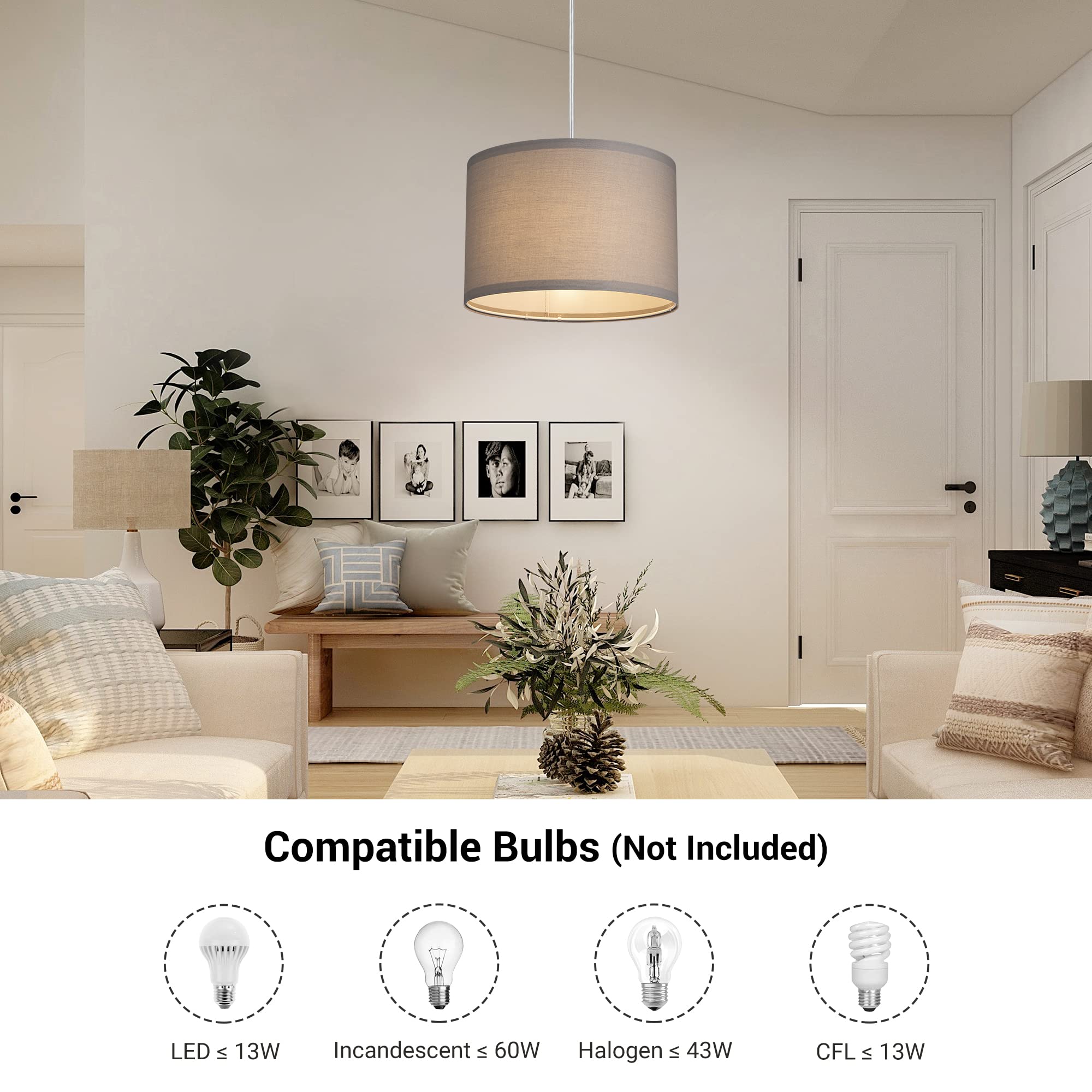 Plug in Pendant Light, Hanging Light with 15Ft Clear Cord, On/Off Switch, Beige Linen Shade, Hanging Light Fixture for Bedroom, Kitchen, Living Room, Dining Table