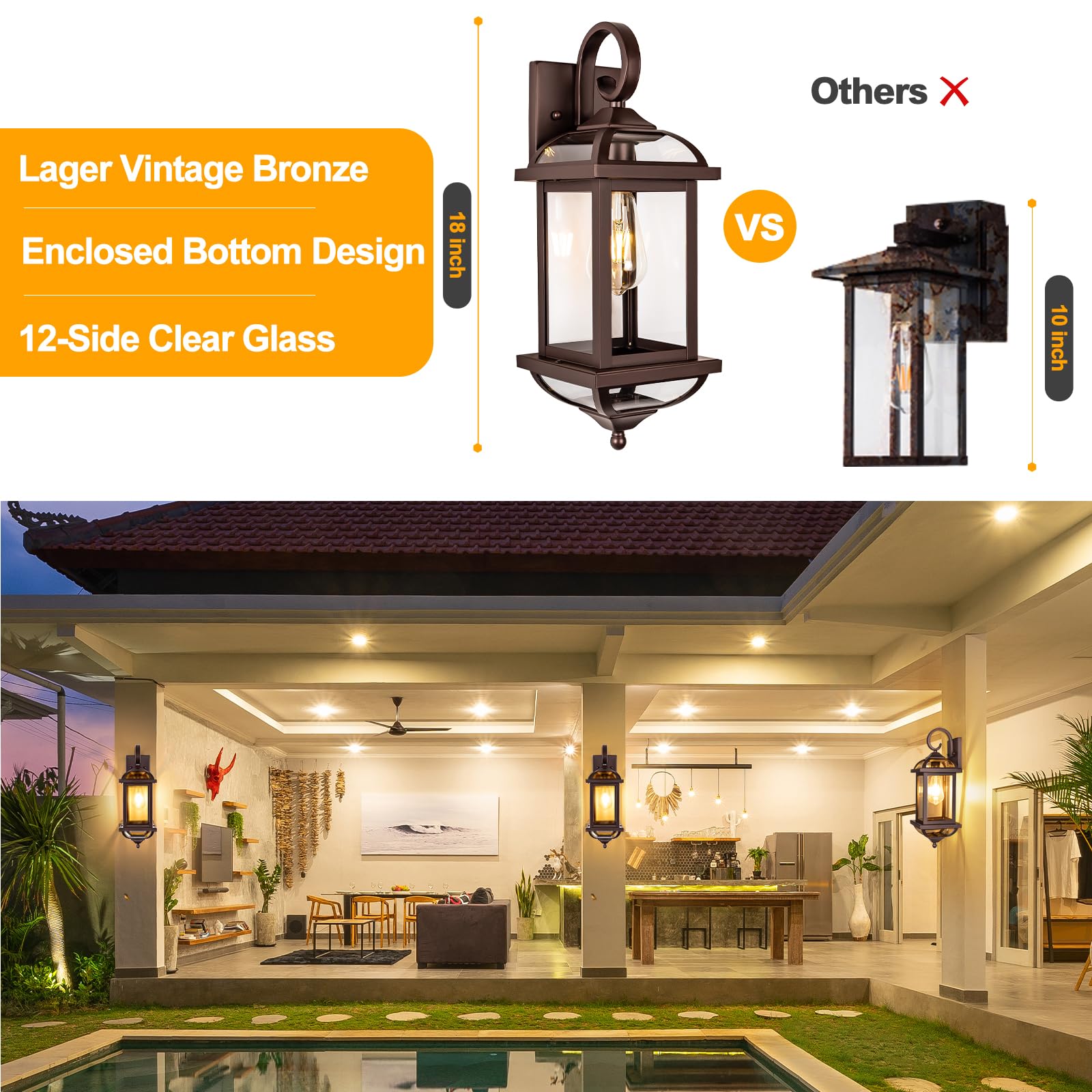 18” Bronze Outdoor Wall Lights Exterior Light Fixtures 2-Pack, Porch Lights Outside Sconces Anti-Rust Aluminum Patio Lights for House Clear Glass Wall Mount Lanterns, IP65 Waterproof