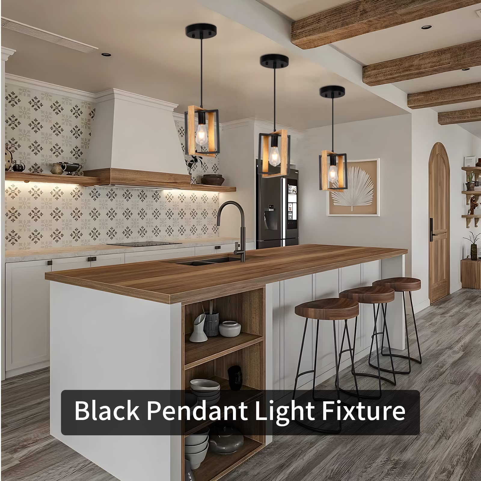 Farmhouse Kitchen Island Lighting Black Pendant Light Fixtures 4-Light Dining Room Lights Wood Chandelier Adjustable Hanging Pendant Lighting for Kitchen Island