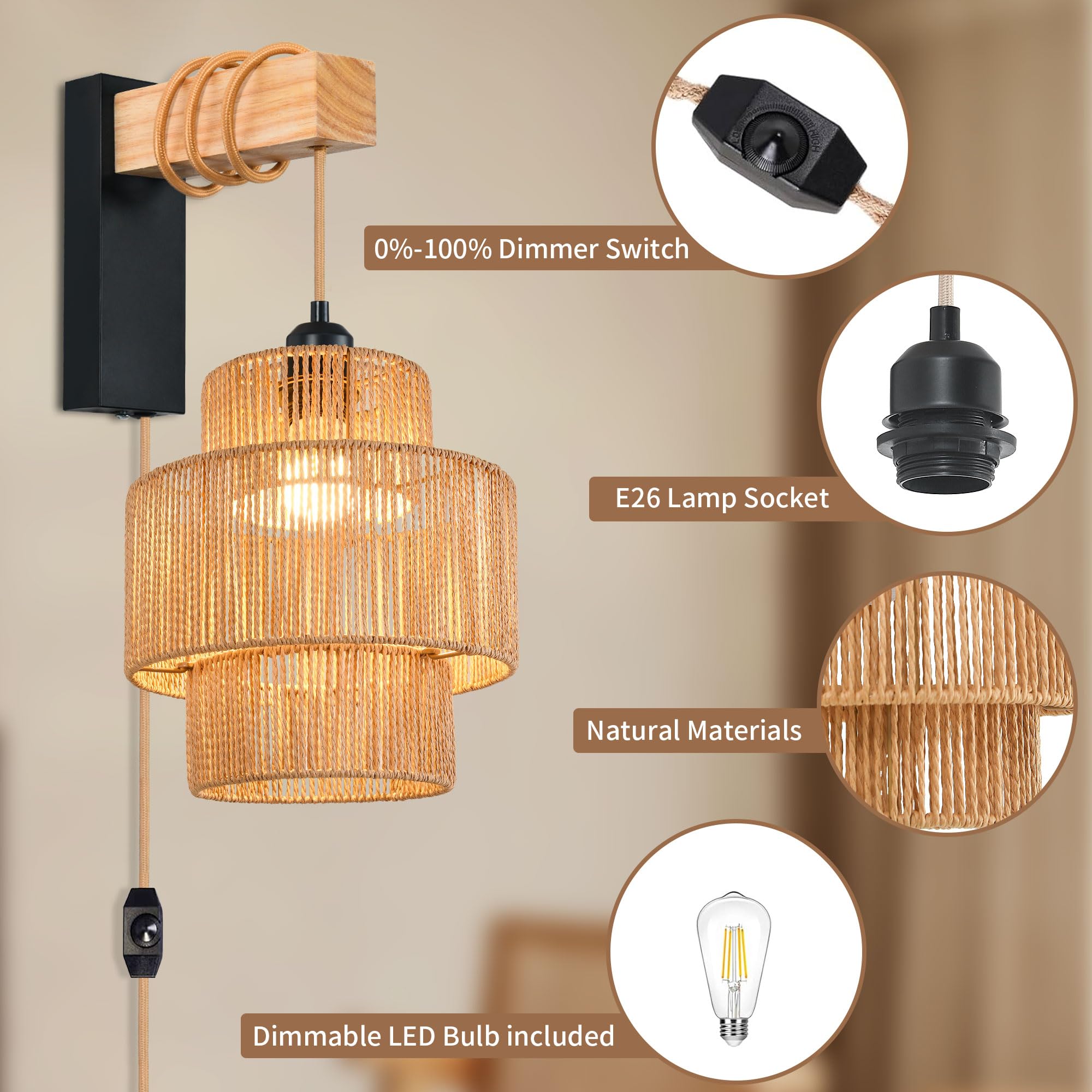 Rattan Plug in Wall Sconces Set of Two,Wicker Wall Lamp with Plug in Cord Hand Woven Rattan Plug in Wall Lamp Rustic Wall Lighting Boho Wall Sconces for Living Room Bedroom