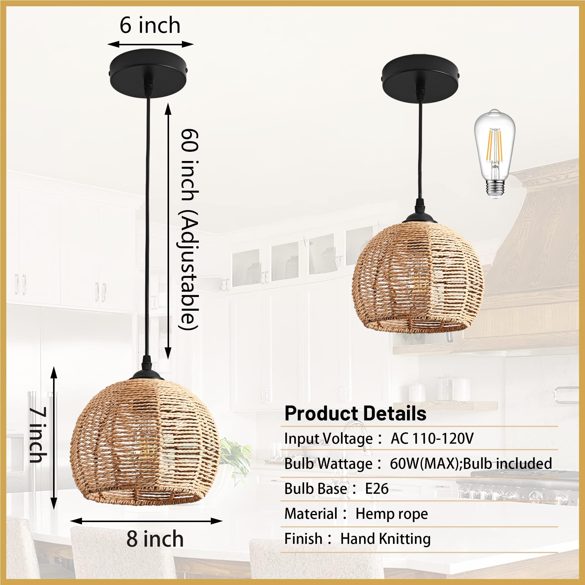 Mini Hemp Rope Woven Pendant Light Woven Light Fixture Boho Chandelier Light Fixture Wicker Pendant Light Rattan Light Pendant Dome Wicker Chandelier for Bedroom Kitchen Island(Bulb Incl.)