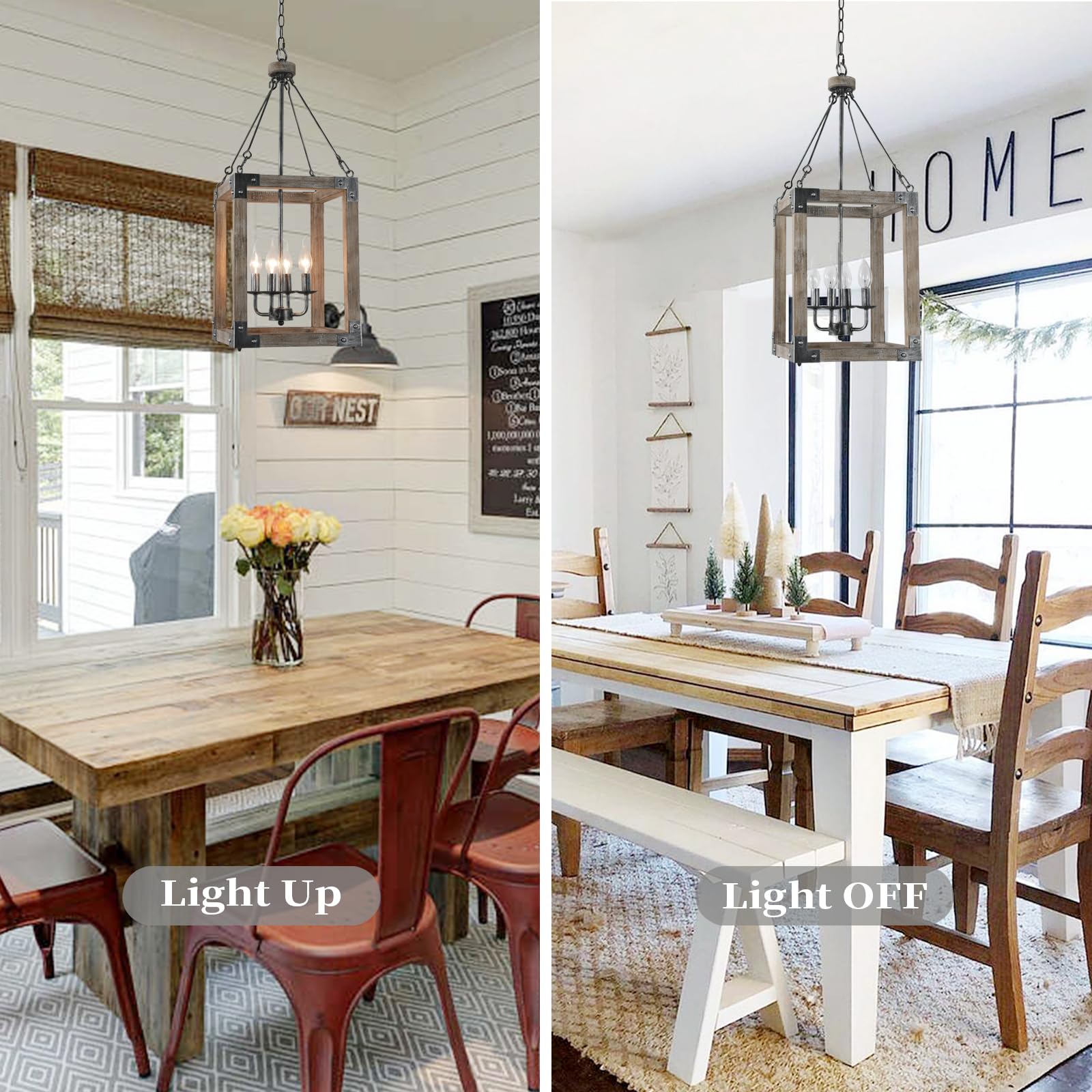 Farmhouse Chandelier,Wood Pendant Light,4-Light Wooden Ktchen Pendant Lighting Over Island,Foyer,Entryway,Hallway,Bedroom,Living Room,Kitchen