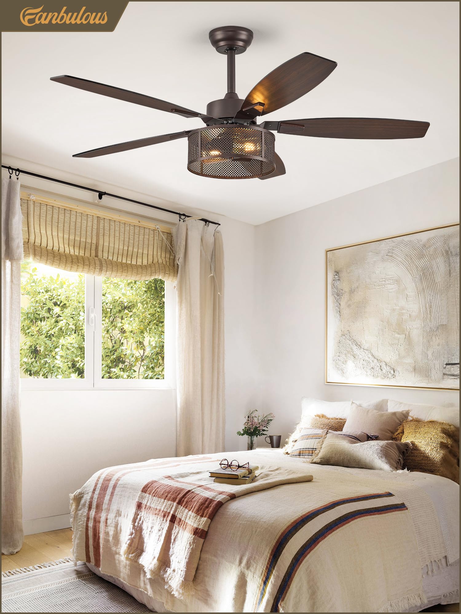 Farmhouse Ceiling Fans with Lights and Remote, 52 Inch Black Industrial Caged Ceiling Fans for Bedroom Living Room Kitchen, 6 Speed Reversible Quiet DC Motor, Dual Finish 5 Blades