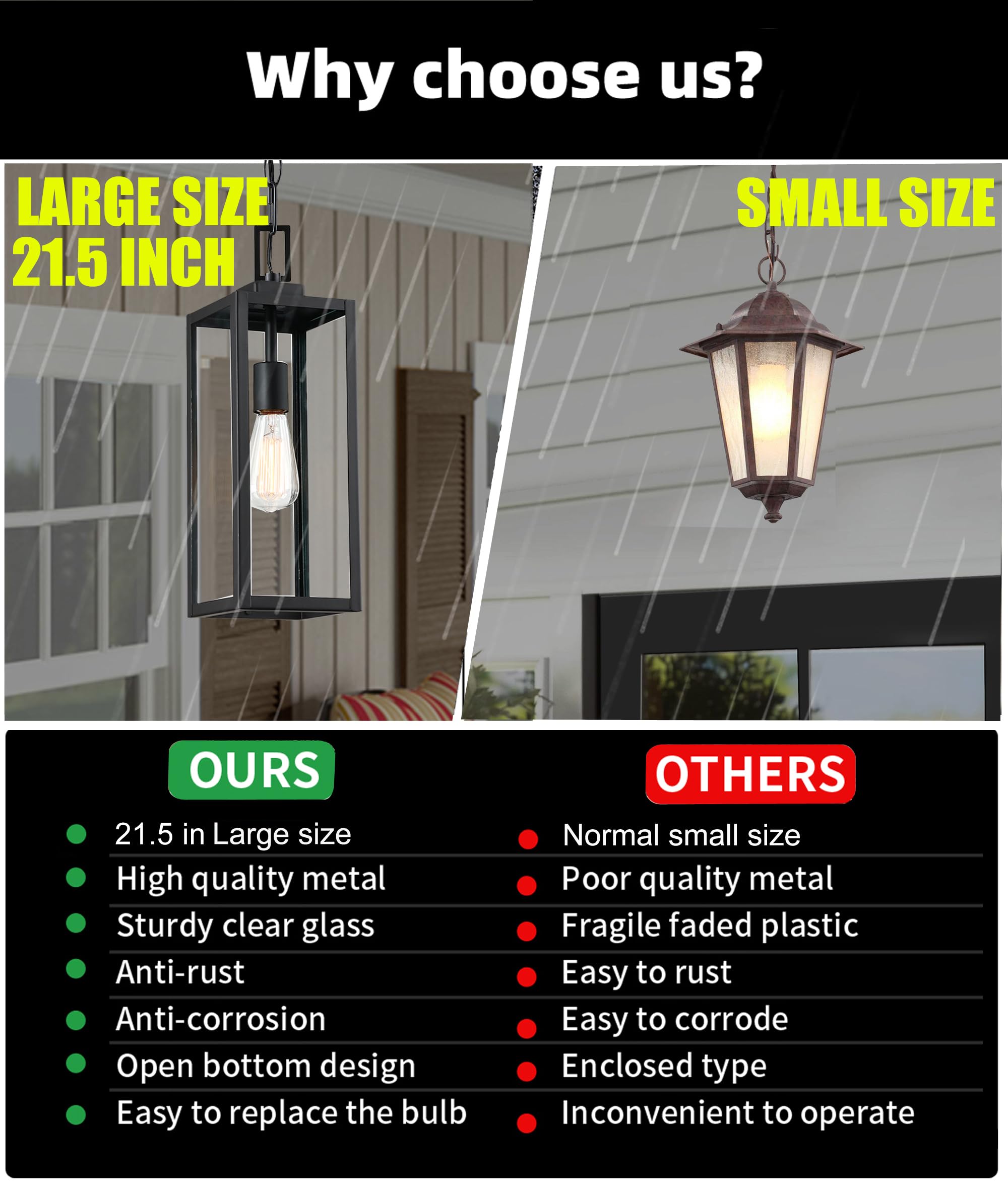 17 Inch Outdoor Pendant Light,Front Porch Outdoor Pendant Light,Metal and Glass Outdoor Hanging Light Ceiling Mount Exterior Hanging Lantern for Front Porch Ceiling Light, E26