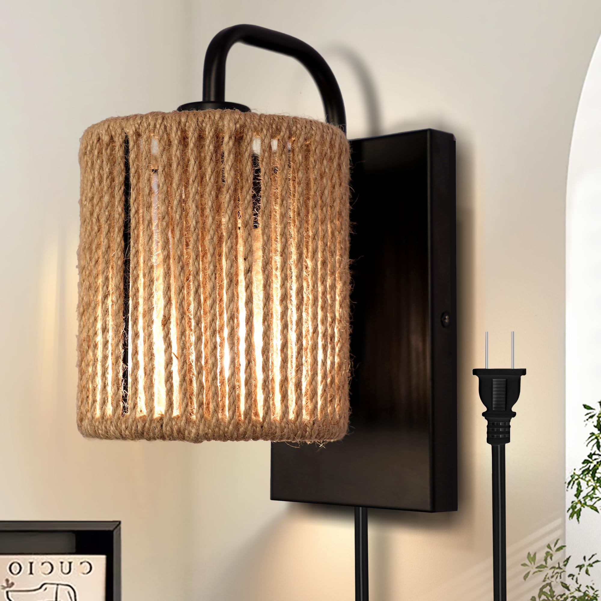 Rattan Wall Sconce, Boho Wall Light Fixtures with Hemp Rope Rustic Wall Lights for Living Room Bathroom Hallway Entryway Sconces Wall Lighting Bohemian Modern Wall Sconce Woven Wall Sconce E26 10In