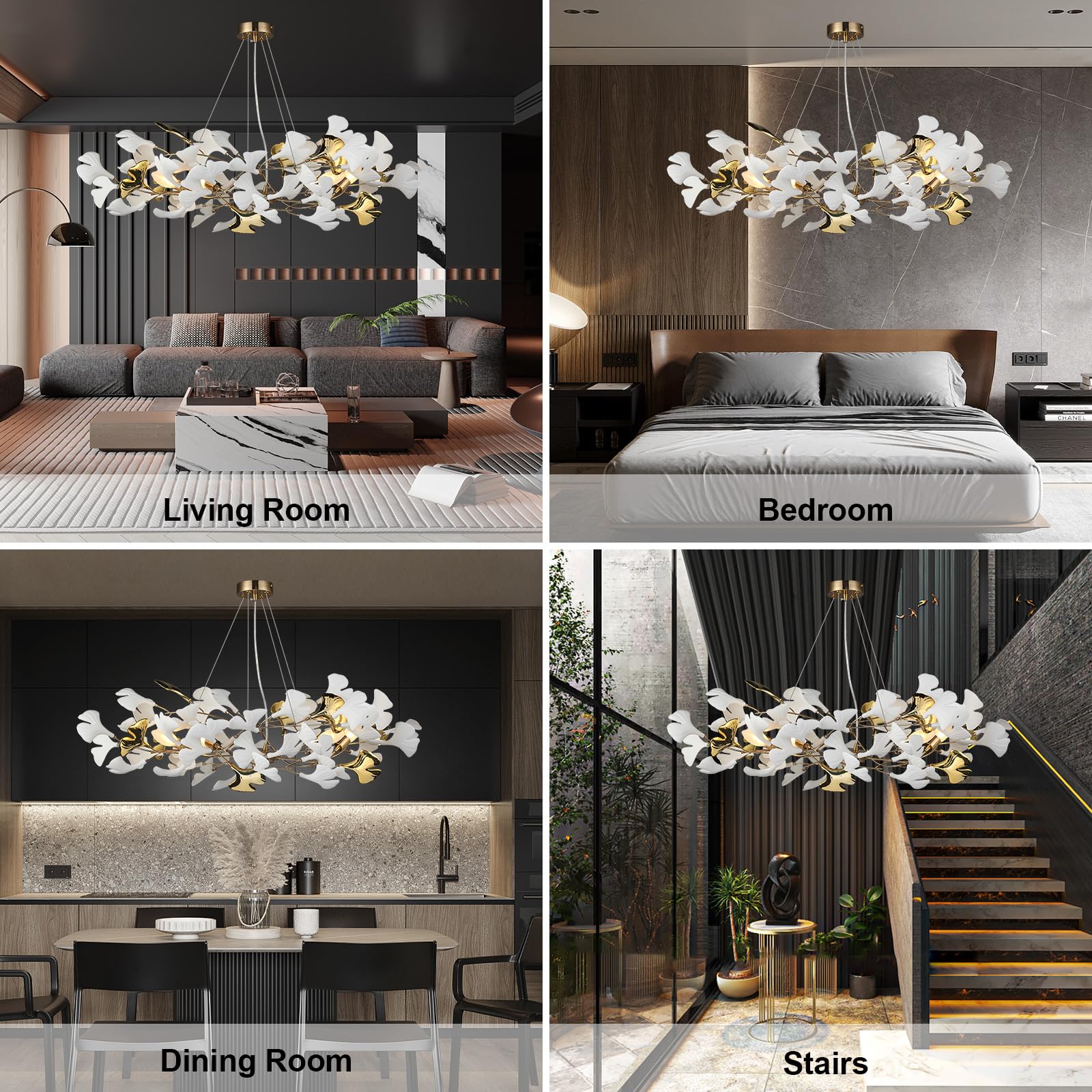 59 Inch White Rectangle Chandelier Ceramic Ginkgo Leaf Chandeliers Brass Large Chandeliers Modern Art Deco Chandelier for Dining Room Living Room,10-Light