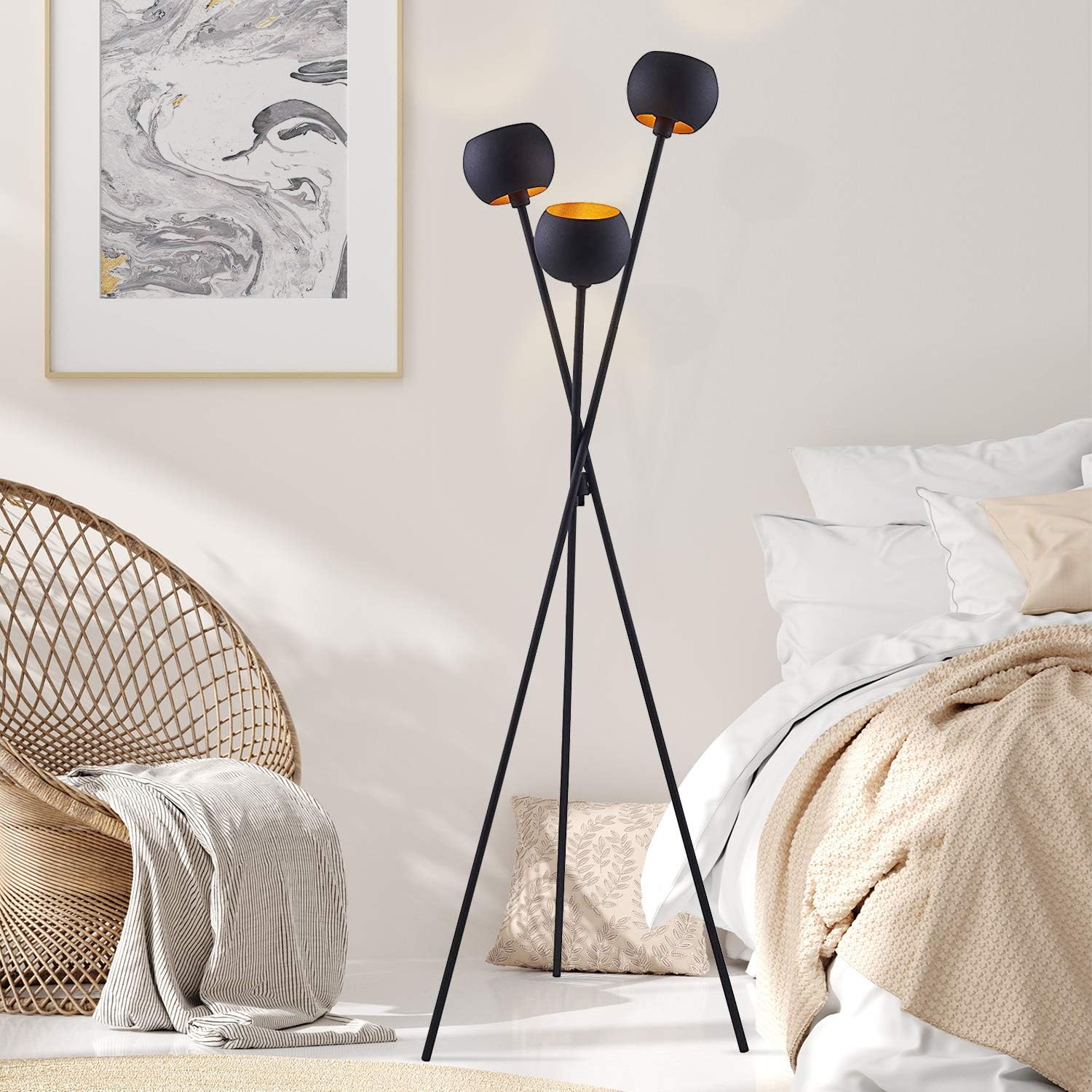 Tripod Floor Lamp - Black Modern Floor Lamp with 3 Matte Black Globe Head & Interwining Tripod Legs Perfect for Mid-Century Living Room and Bedroom