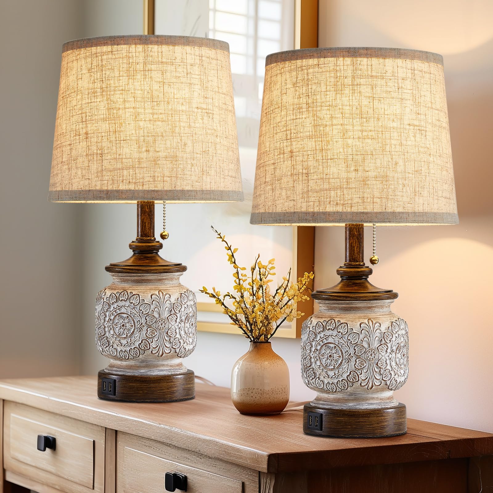 19.5" Farmhouse Bedside Table Lamps Set of 2 Rustic Lamps for Nightstand Bedroom with USB Ports Vintage Traditional White Carved Floral Night Light Lamps for Living Room End Tables Decor