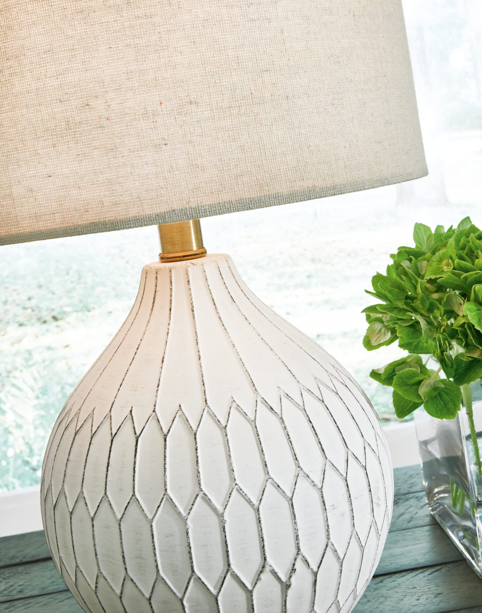 20" Modern Herringbone Ceramic Table Lamp, Off White