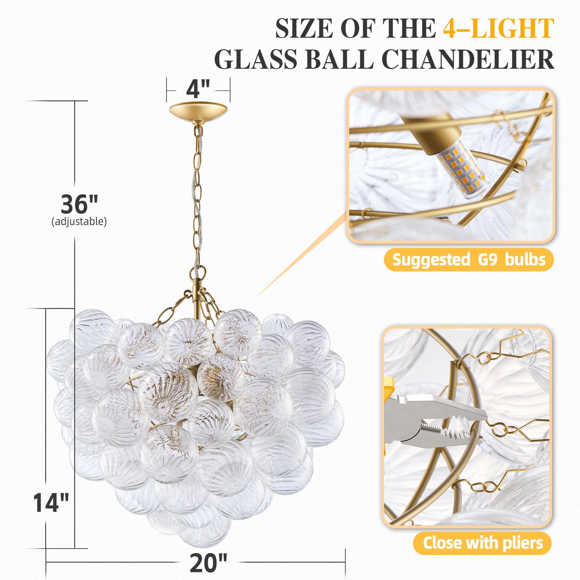 Semi Flush Mount Ceiling Bubble Ball Chandelier Lighting Dia 20 Inch Gold Clear Ribbed Blown Glass Chandeliers Ceiling Medallions Light Fixtures for Bedroom, Living Room, Entry, Bathroom