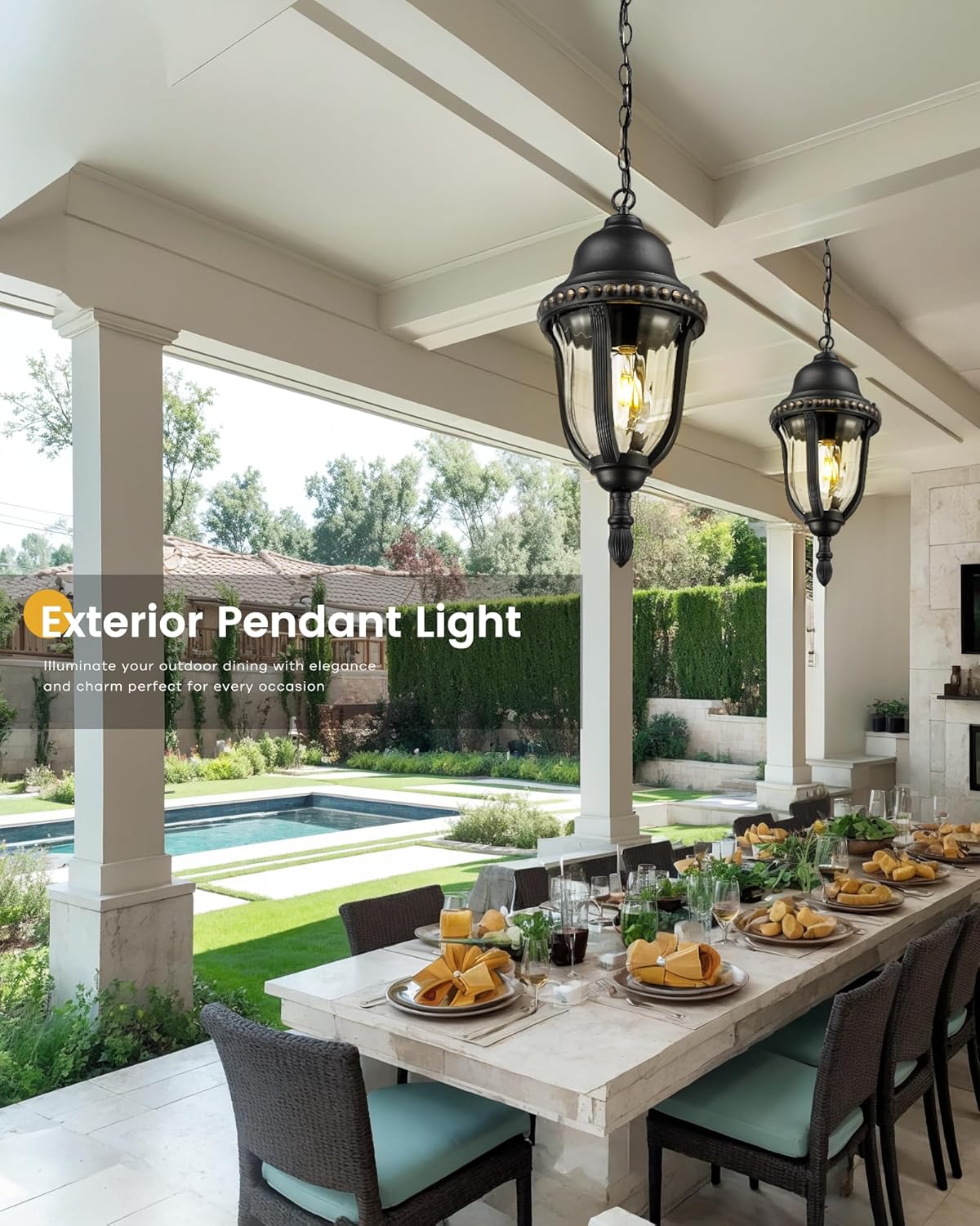 21" Outdoor Pendant Lights for Porch, Outdoor Chandelier for Gazebo, Patio, Hanging Lantern Light with Matte Black Finish, E26 Base, 4FX80H BK