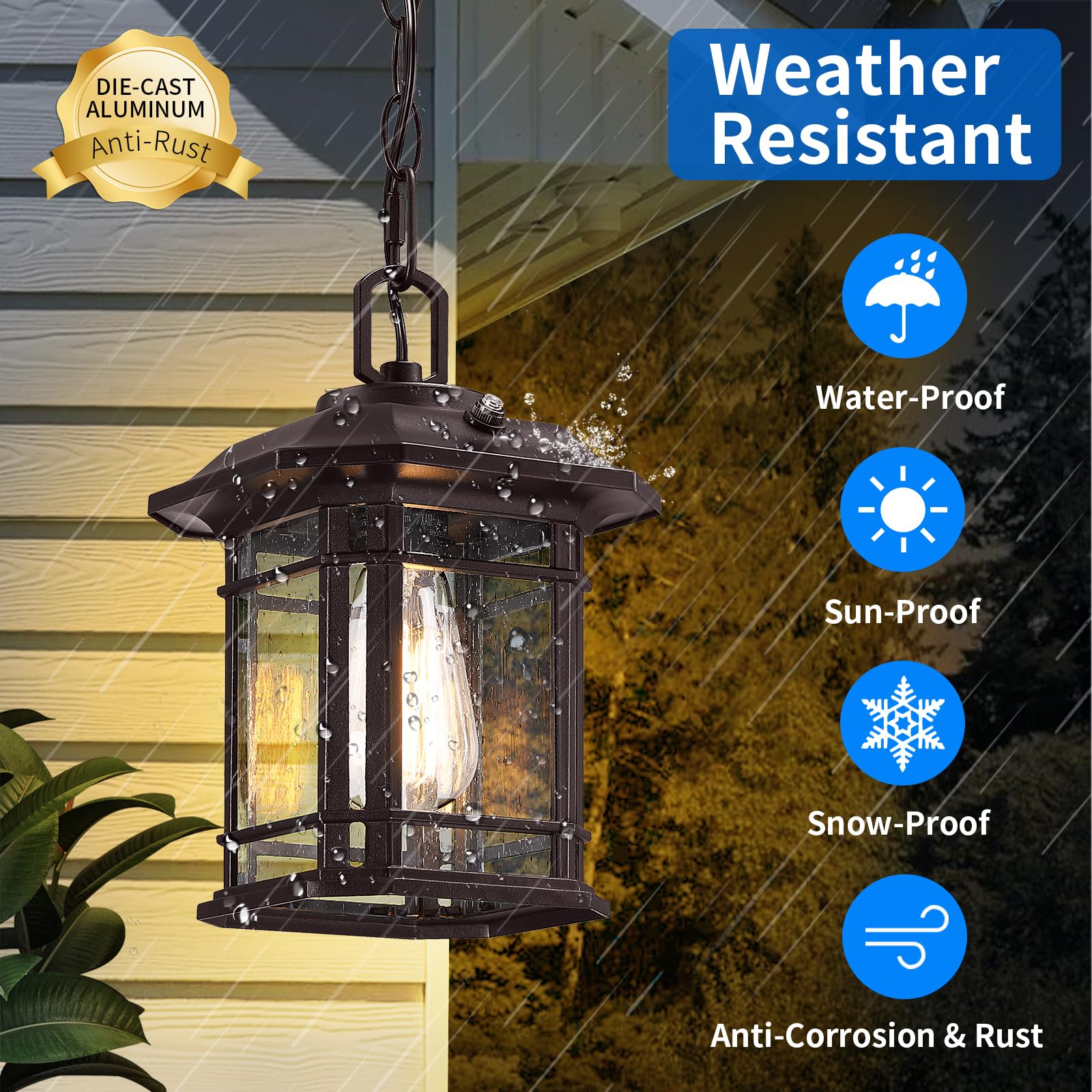 Outdoor Pendant Lights for Porch 10.25'', Black Exterior Hanging Lanterns Outdoor, Farmhouse Outdoor Ceiling Light Fixture, Waterproof Tempered Seed Glass Outdoor Chandelier, 1Pack