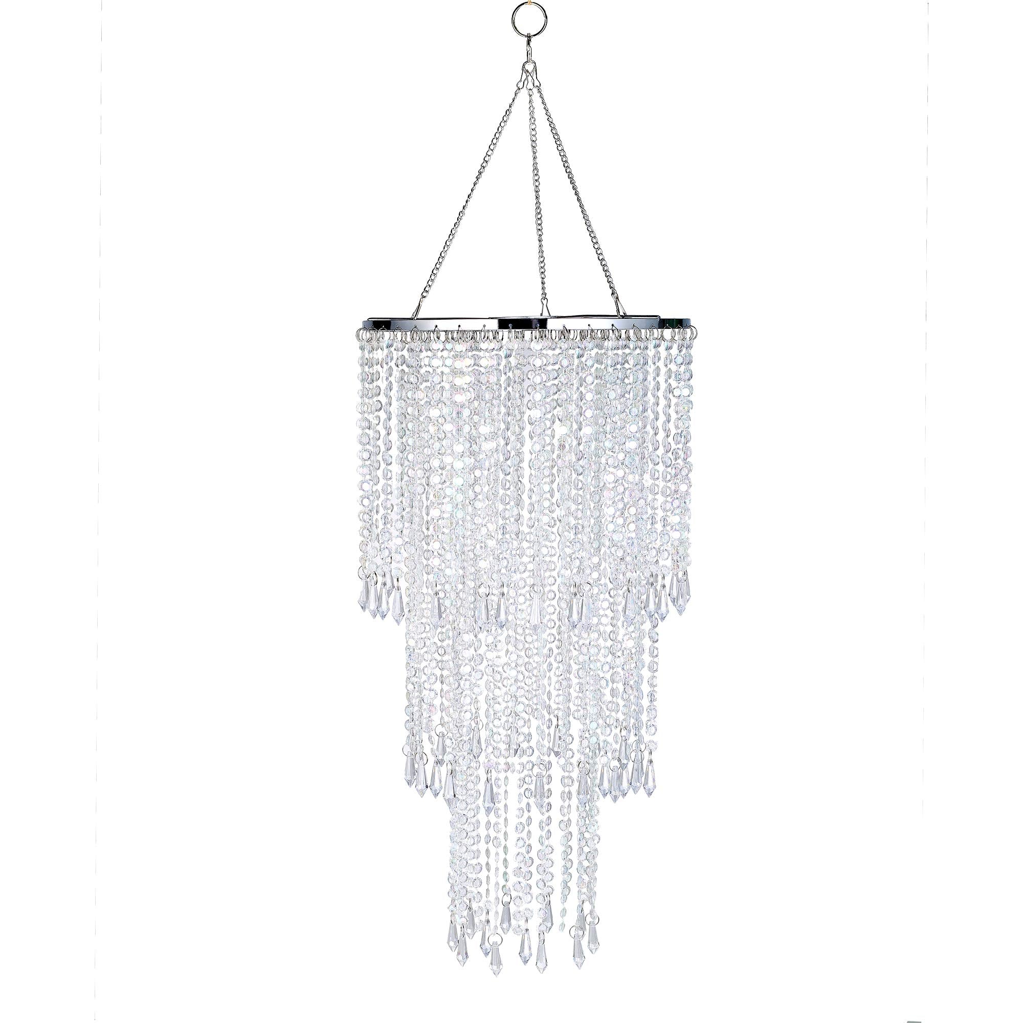 Modern Chrome Beaded Hanging Chandelier (W10.25 x H20”)，3 Tiers Beads Pendant Shade, Ceiling Chandelier Beaded Lampshade with Acrylic Jewel Droplets (Crystal Iridescent)