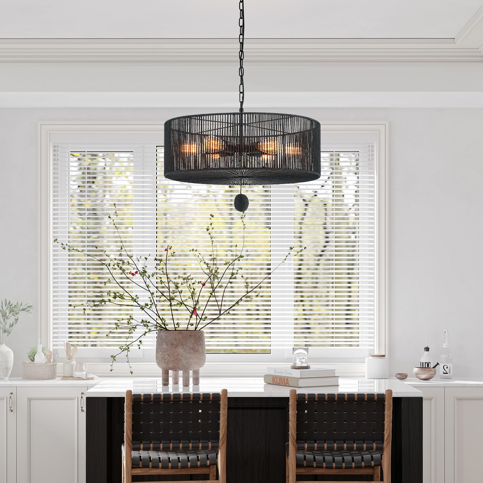 Hand-Woven Rattan Chandelier Vintage Farmhouse Boho Bamboo Chandelier Light Fixture Rustic Retro 5-Lights Drum Wicker Rattan Black Chandelier for Dining Room, Kitchen, Living Room, E12