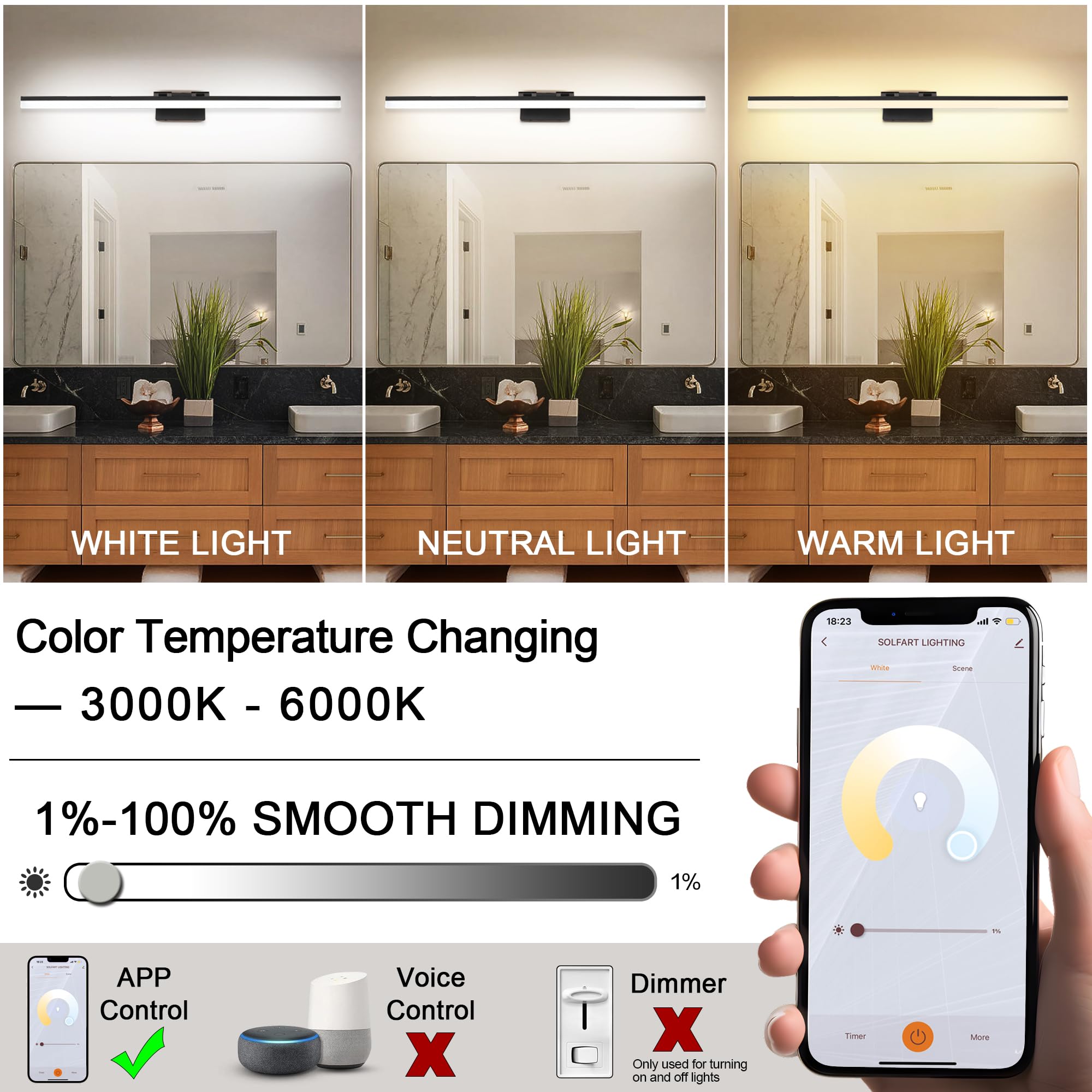 Dimmable Black Vanity Light Bar Lighting Fixtures Modern Bathroom Light Fixtures 6000K Rotatable White Aluminum LED Light