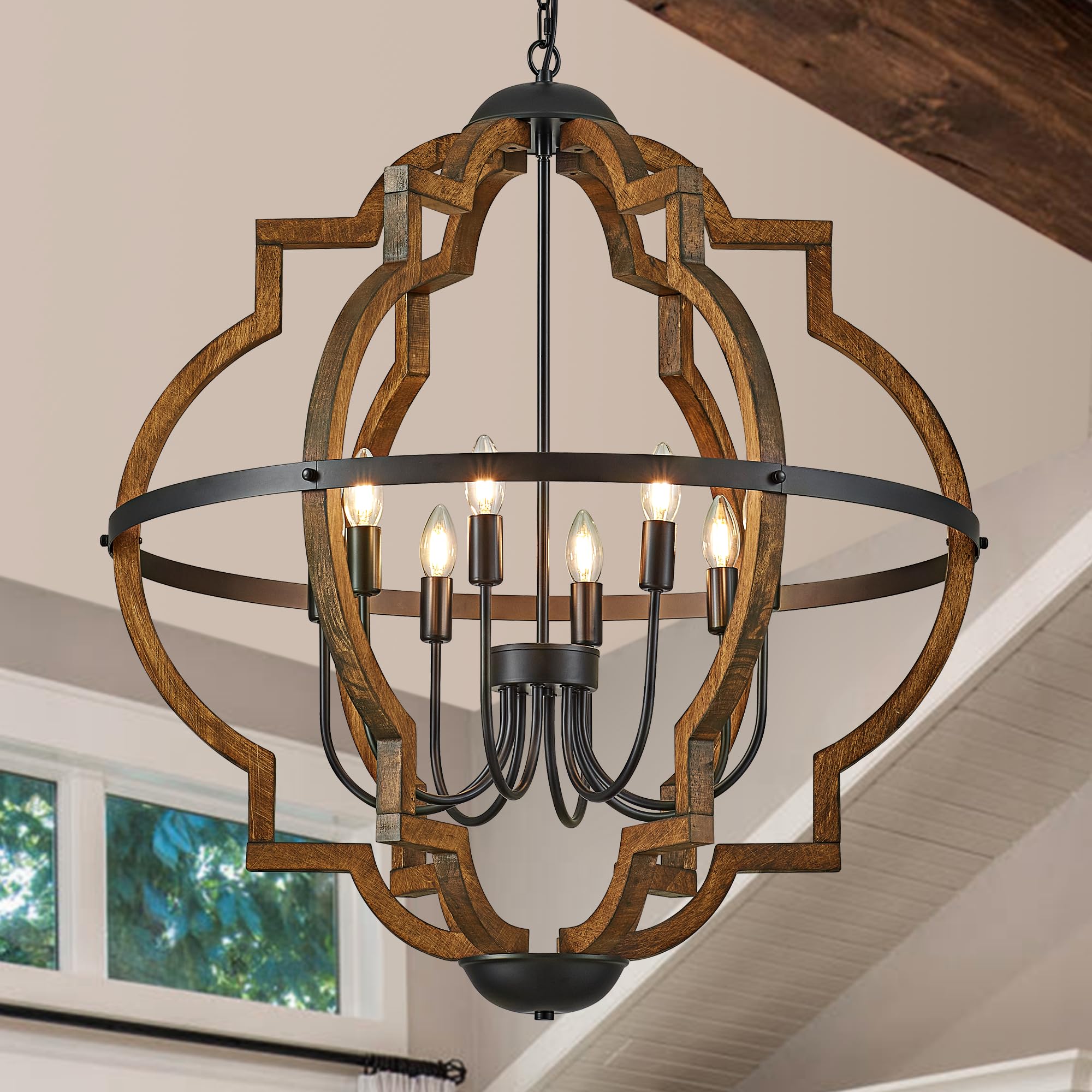 6-Light Farmhouse Wood Pendant Light,22.83'' Vintage Rustic Brown Oak Wood Chandeliers,Retro Industrial Hanging Light Fixtures for Dining Room Entryway, Bedroom