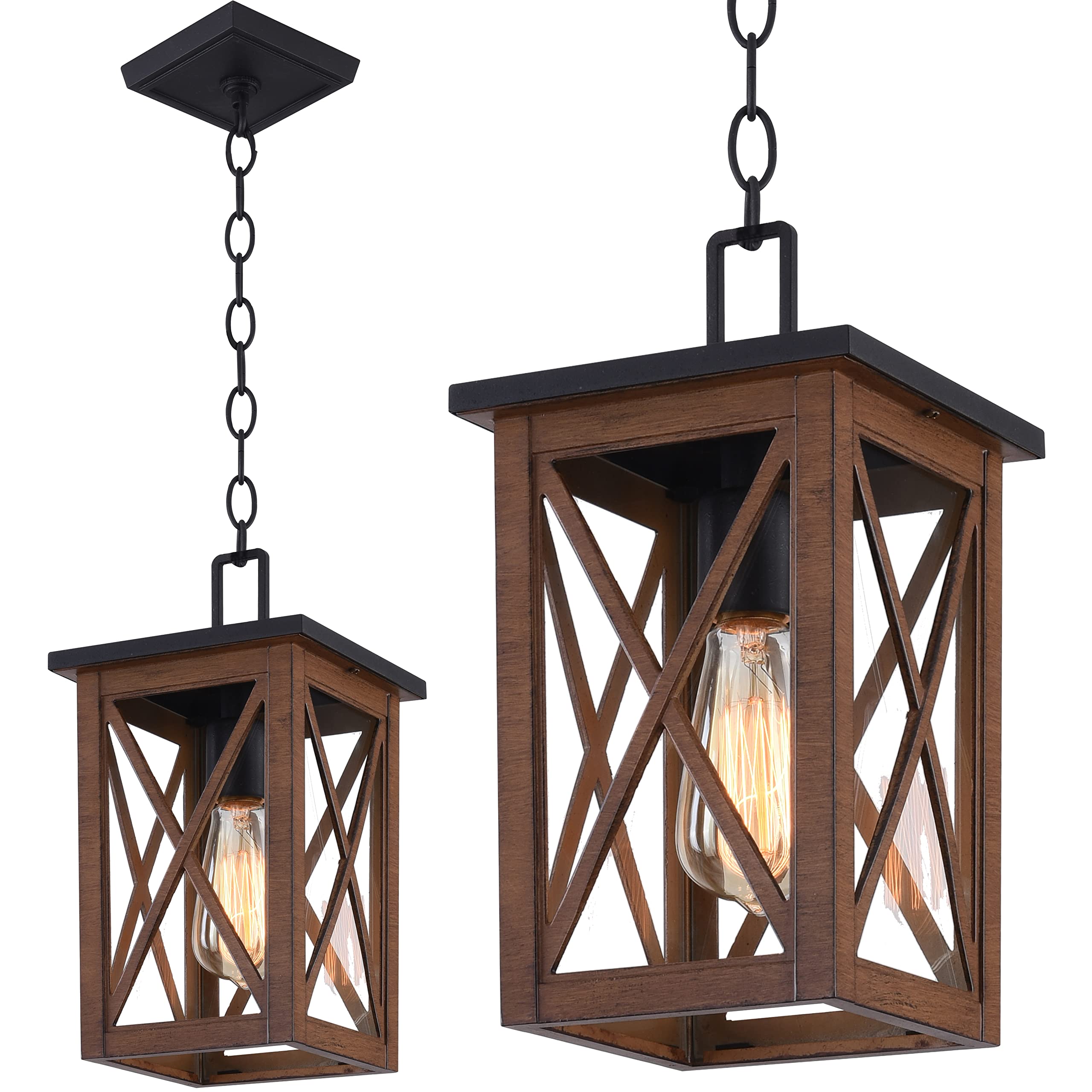 Outdoor Pendant Light Exterior Hanging Lantern Porch Pendant Lights, Light Wood Grain with Glass 1-Light Lamp for for Porch, Patio, Entryway