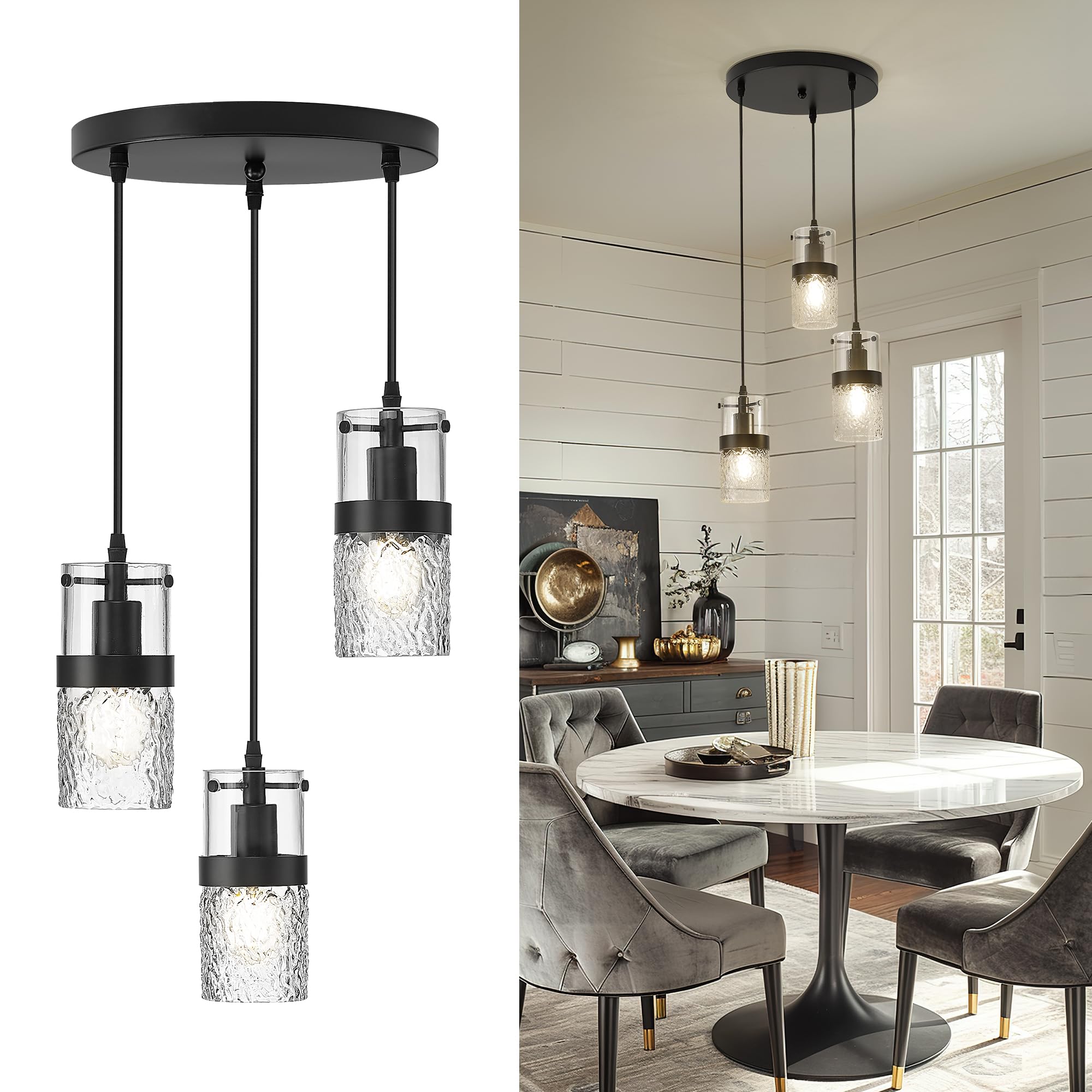 LMS 4-Light Island Lights, Farmhouse Light Fixtures with Hammered Glass Shade, Matte Black Linear Chandelier Pendant Lighting Over Table for Adjustable Height, Kitchen Island, LMS-171BK-4