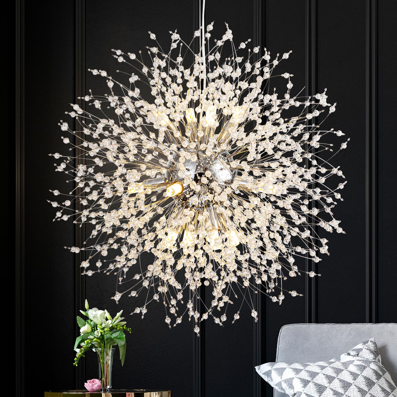 Modern Crystal Chandeliers Firework, Crystal Light Fixture, Dandelion Chandelier (12-Light, Gold) for Foyer Hallway Entryway Kitchen Bedroom