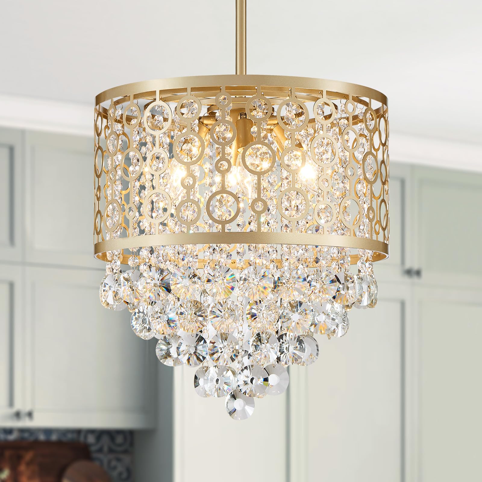 Crystal Drum Chandelier Flushmount Ceiling Light Modern Lighting Fixture for Entry Hallway Kitchen Bathroom Bedroom, H 16.3'' x W 13'', E12 Base, Gold