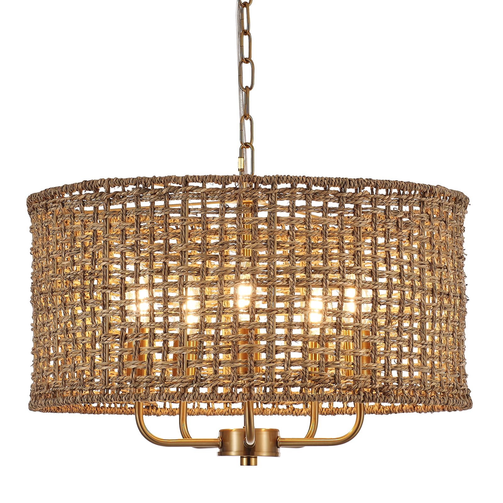 Hand-Woven Rattan Chandelier Vintage Farmhouse Boho Bamboo Chandelier Light Fixture Rustic Retro 5-Lights Drum Wicker Rattan Black Chandelier for Dining Room, Kitchen, Living Room, E12