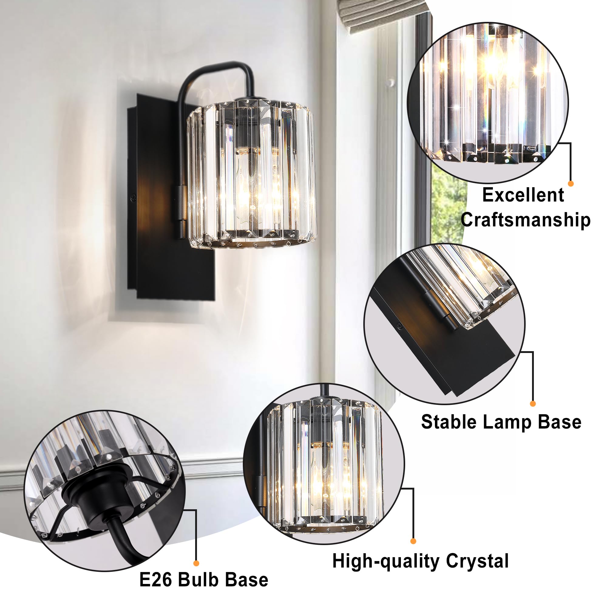 Crystal Wall Sconces,Black Wall Light Fixtures,Bedroom Wall Lights with Glass Shade,Modern Sconces Wall Lighting Black Sconce for Living Room Bathroom