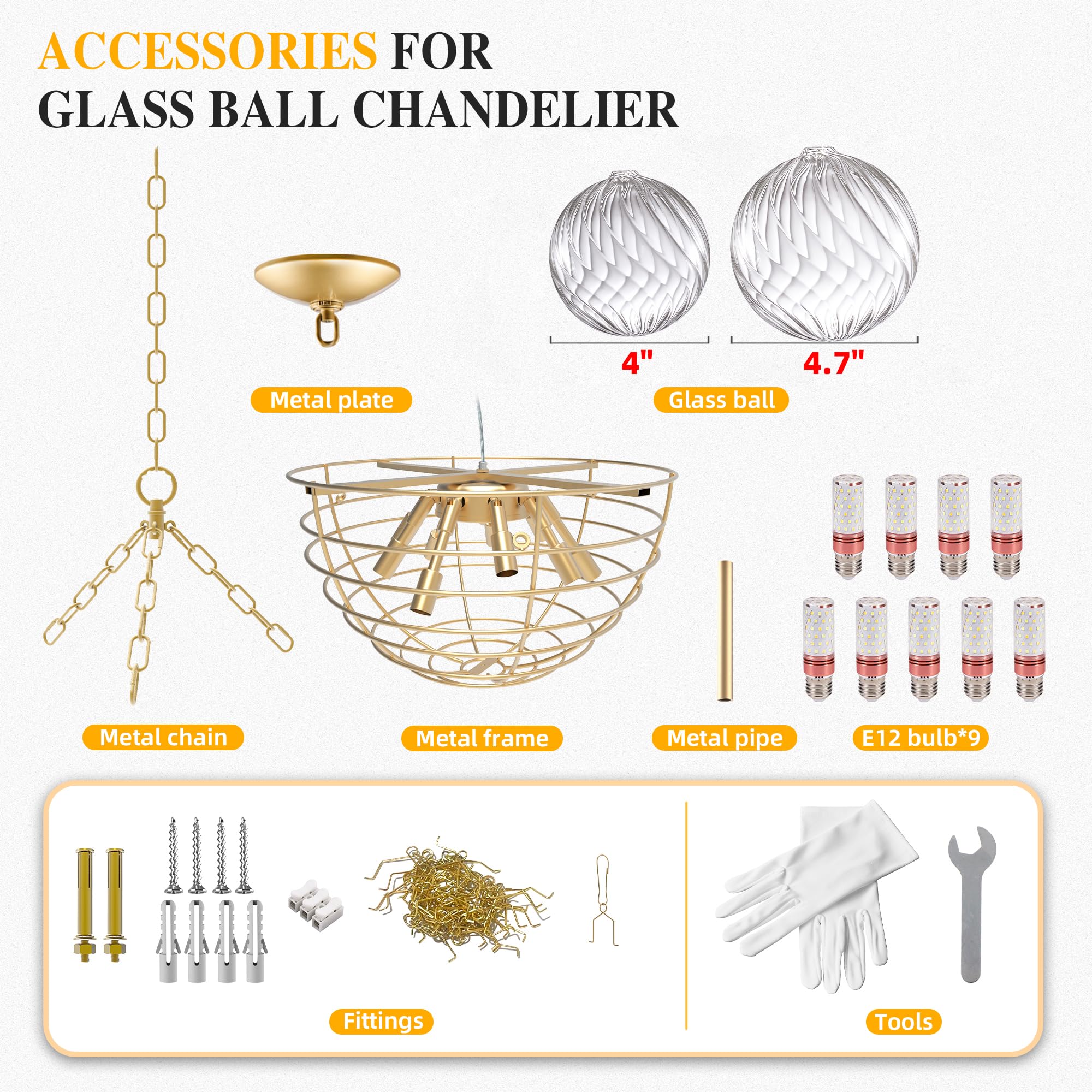 Semi Flush Mount Ceiling Bubble Ball Chandelier Lighting Dia 20 Inch Gold Clear Ribbed Blown Glass Chandeliers Ceiling Medallions Light Fixtures for Bedroom, Living Room, Entry, Bathroom