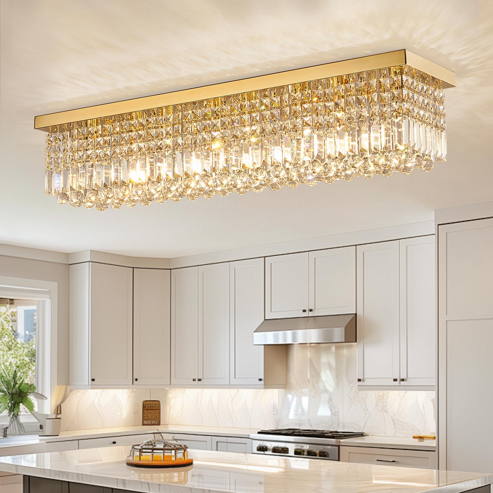 6-Light Modern Crystal Chandelier Rectangular Gold K9 Crystal Raindrop Chandelier for Dining Room, Luxury Adjustable Ceiling Pendant Light for Living Room Kitchen Island L31.5'' x W10'' x H10''