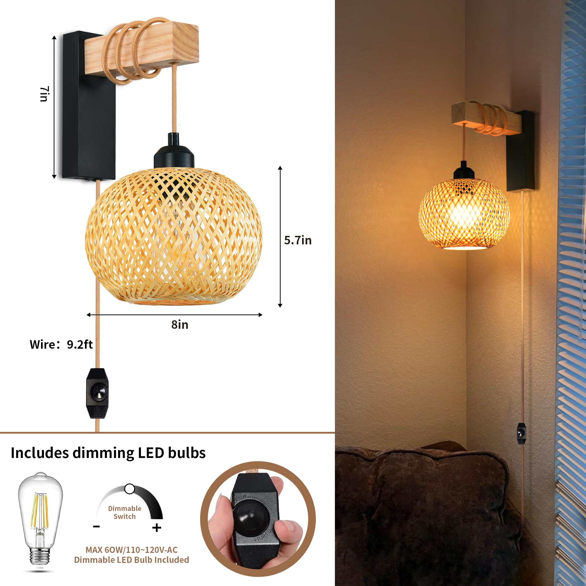 Rattan Plug in Wall Sconces Set of Two,Wicker Wall Lamp with Plug in Cord Hand Woven Rattan Plug in Wall Lamp Rustic Wall Lighting Boho Wall Sconces for Living Room Bedroom