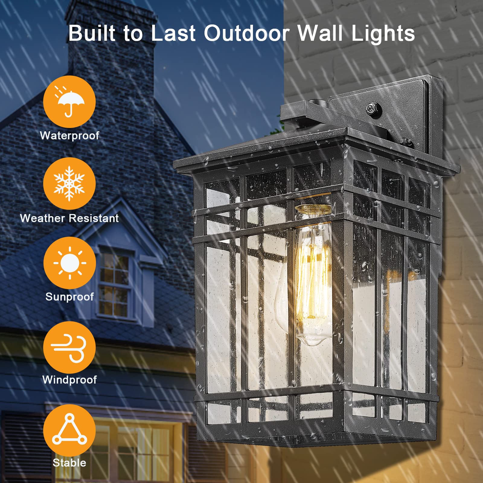 Outdoor Wall Lantern, Exterior Light Fixture Wall Mount, 1-Light Waterproof Outdoor Wall Lighting Fixture with Seeded Glass for Porch, Garage, Patio, Hallway, Entryway, Black