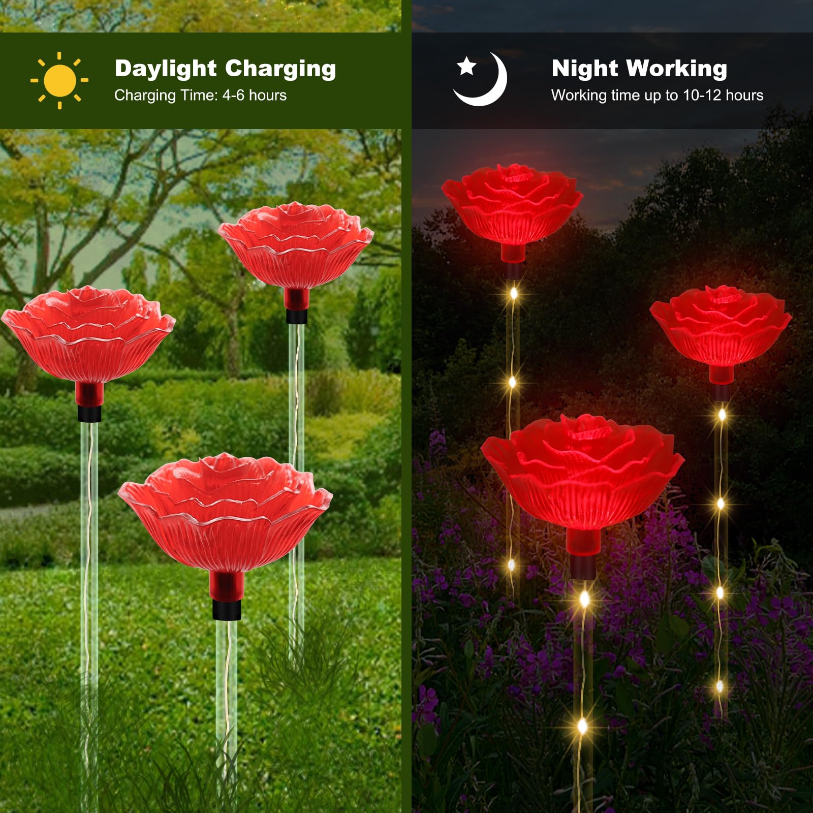 Solar Outdoor Lights,Set of 6 Solar Garden Lights with 6 Red Rose Flower,Waterproof Rose Stake Lights for Garden Yard Pathway Outside Decor