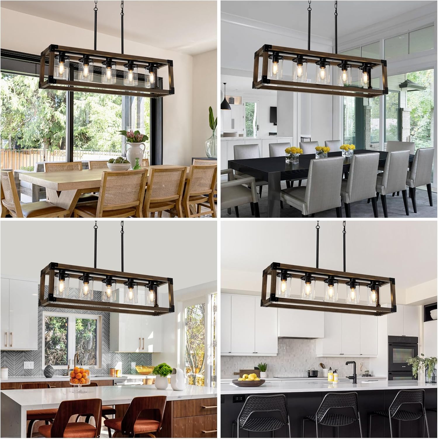 5-Light Kitchen Island Lighting, 35.4-Inch Hanging for Farmhouse Linear Chandeliers,Dining Room Light Fixture/Chandelier Over Table,Black Rustic Wooden Ceiling Chandelier,with Clear Glass Shade