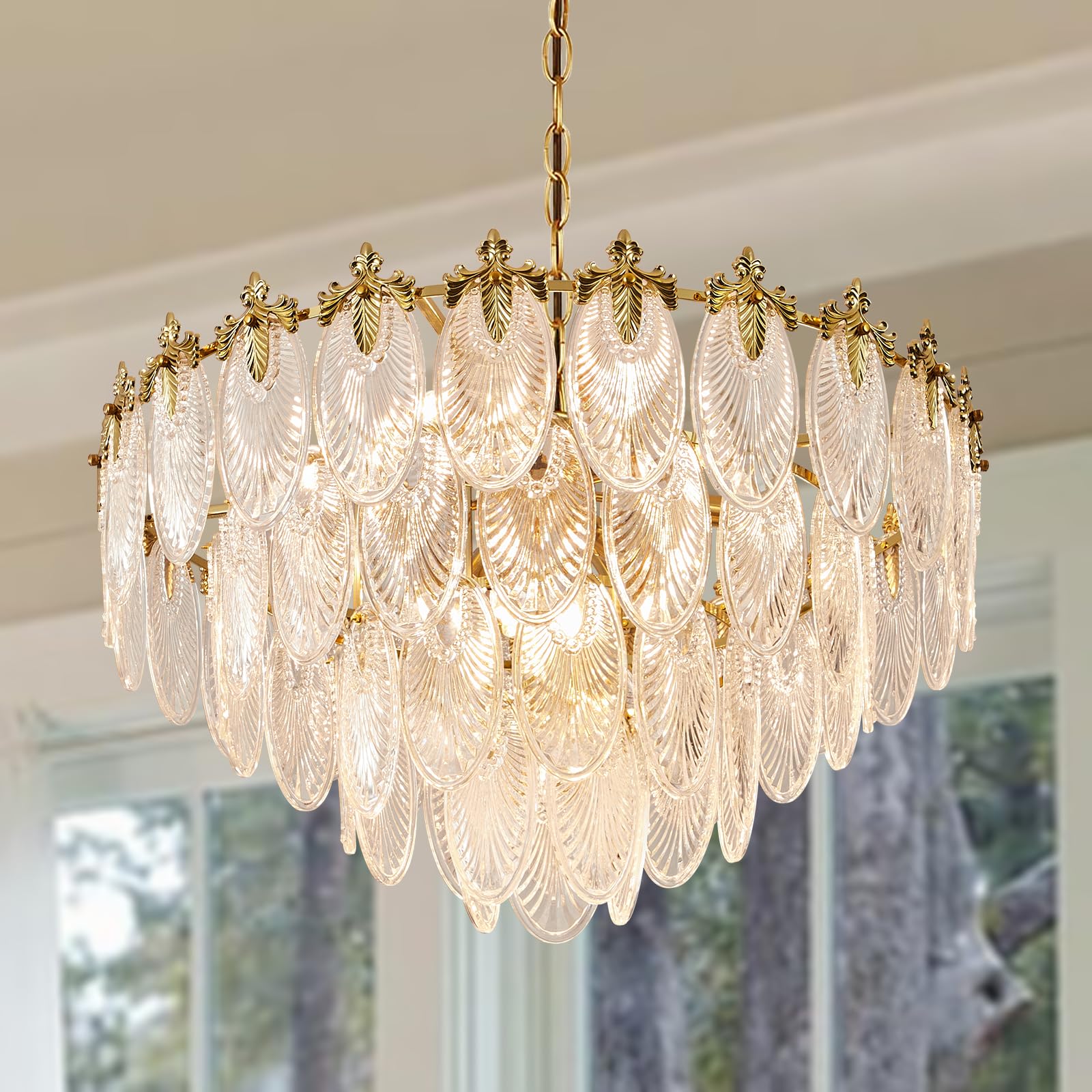 Antique Chandeliers 3-Layer Crystal Glass Chandelier, 9-Lights Round Pendant Light 23.6" Brushed Brass Gold Adjustable Height, Applicable to Dining Room, Bedroom, Living Room, Foyer, Kitchen Island