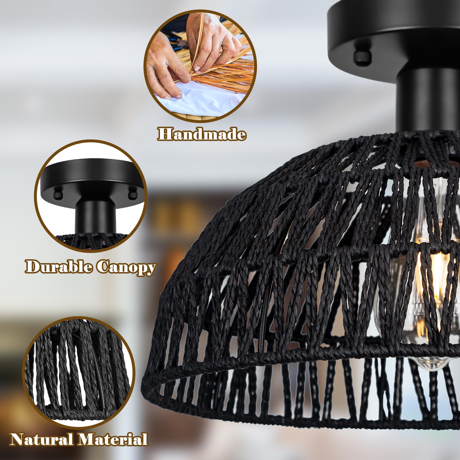 Rattan Pendant Light Fixtures 2 Packs, Boho Woven Basket Pendant Light, Handmade Wicker Hanging Lamp, Rattan Chandelier for Kitchen Island, Dining Room, Living Room, Bedroom, E26 Base