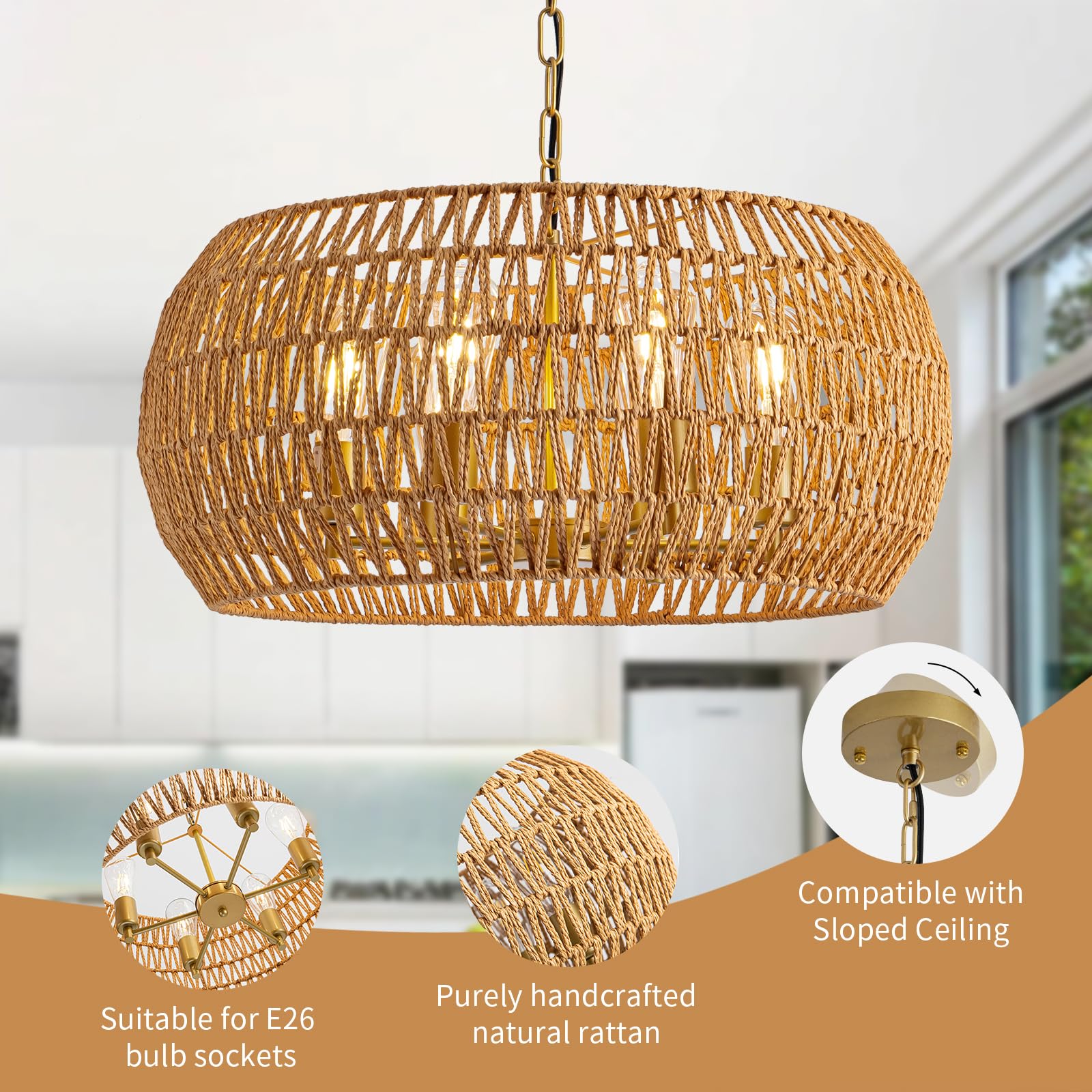 4-Light Rattan Semi Flush Mount Ceiling Light, 15" Boho Light Fixture with Hand-Woven Rattan Shade in Quatrefoil Shape, Farmhouse Boho Chandelier Wicker Light Fixture for Kitchen Bedroom Foyer