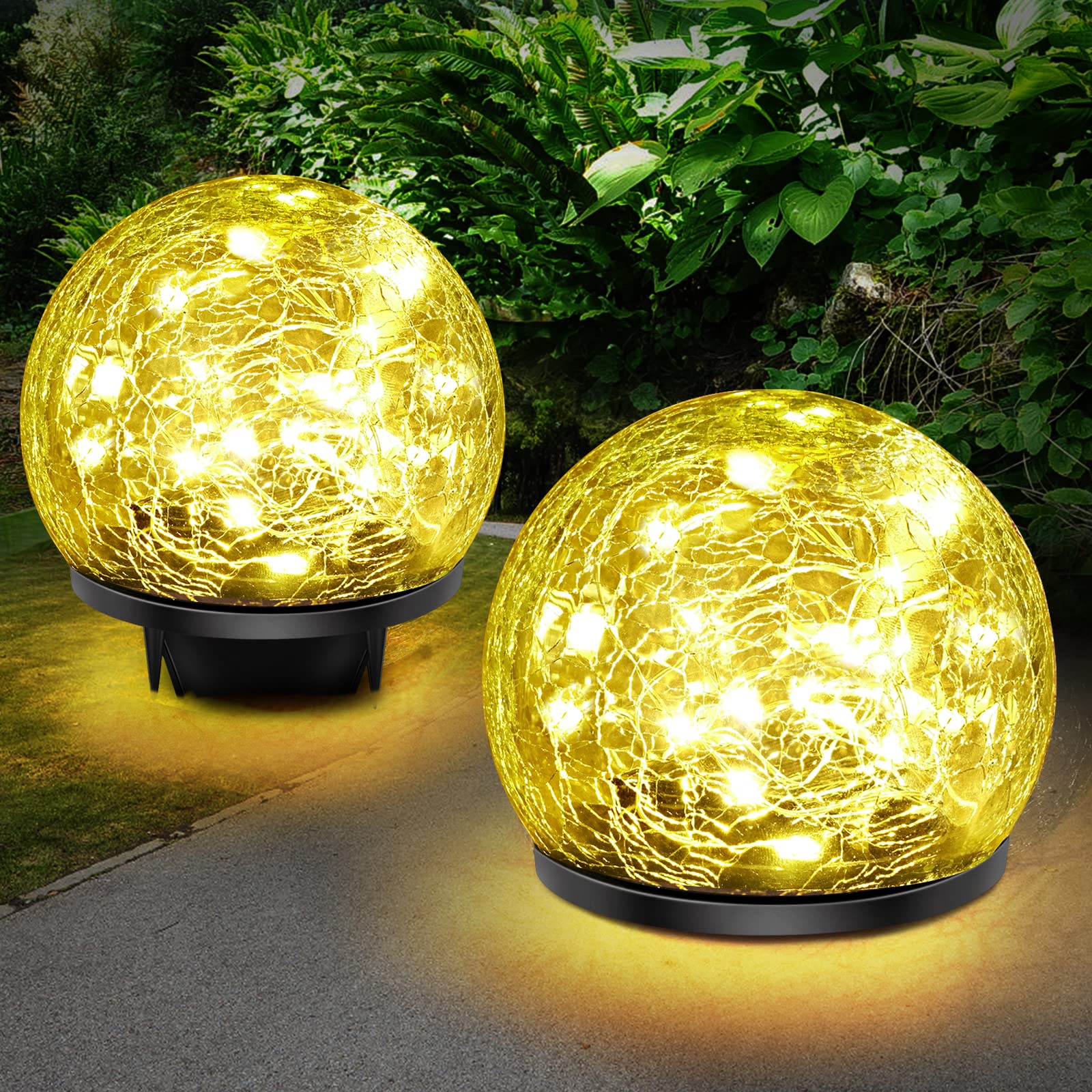 2 Pack 60 LED Garden Solar Lights Outdoor Decorative, Colored Cracked Glass Solar Globe Lights, Upgraded Waterproof Multicolor Ball Lights for Yard Pathway Patio Lawn Outside Decor