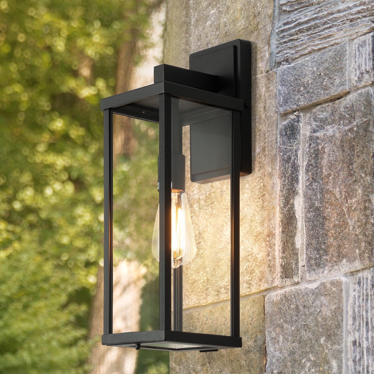 11" Classic Outdoor Wall Sconce 1 Light in Matte Black Rectangular Metal Frame and Clear Glass Shade Waterproof Porch Light Patio Light Pack of 2