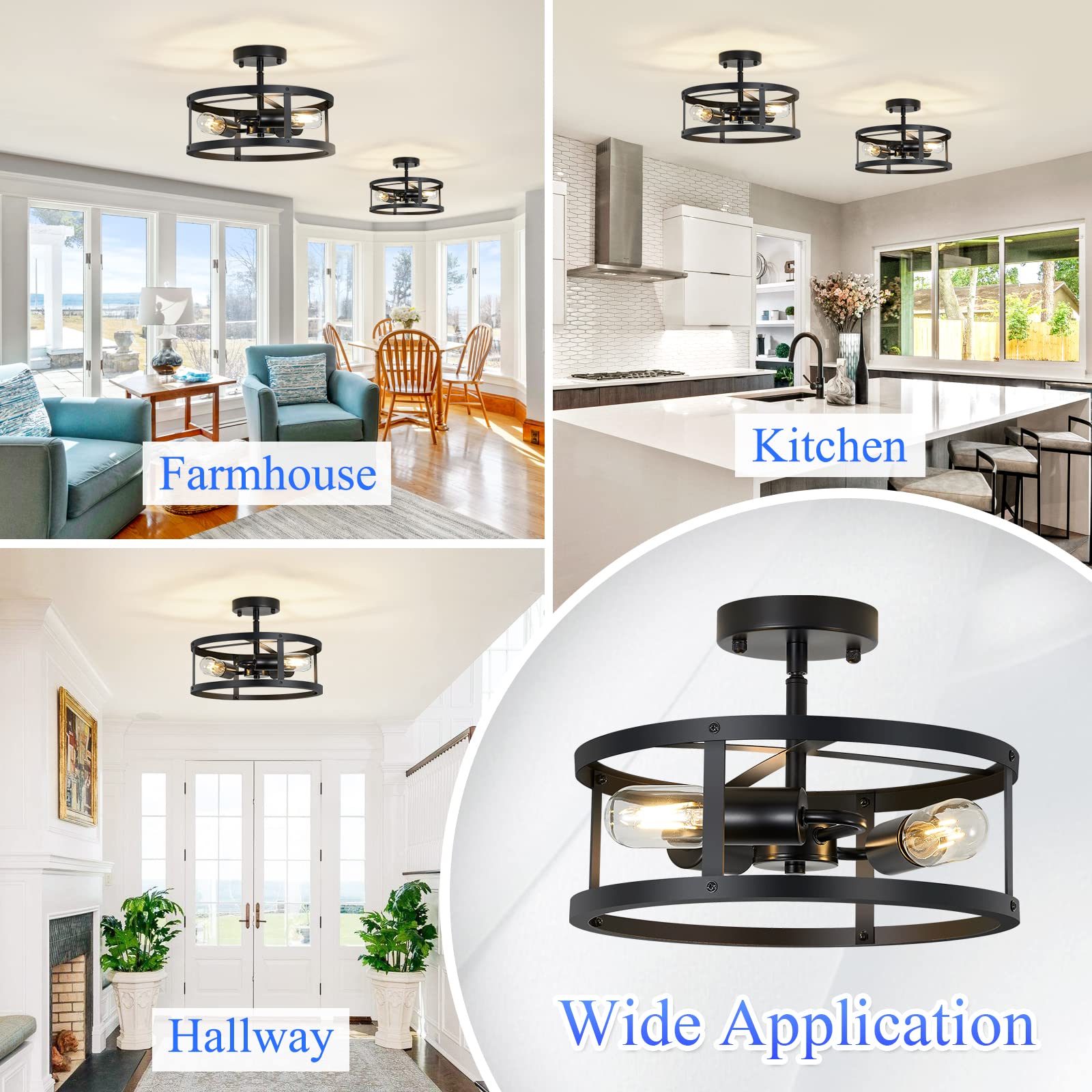 Black Semi Flush Mount Ceiling 3-Light Hallway Light Fixtures Ceiling Mount for Farmhouse,Kitchen,Hall (2 Pack)