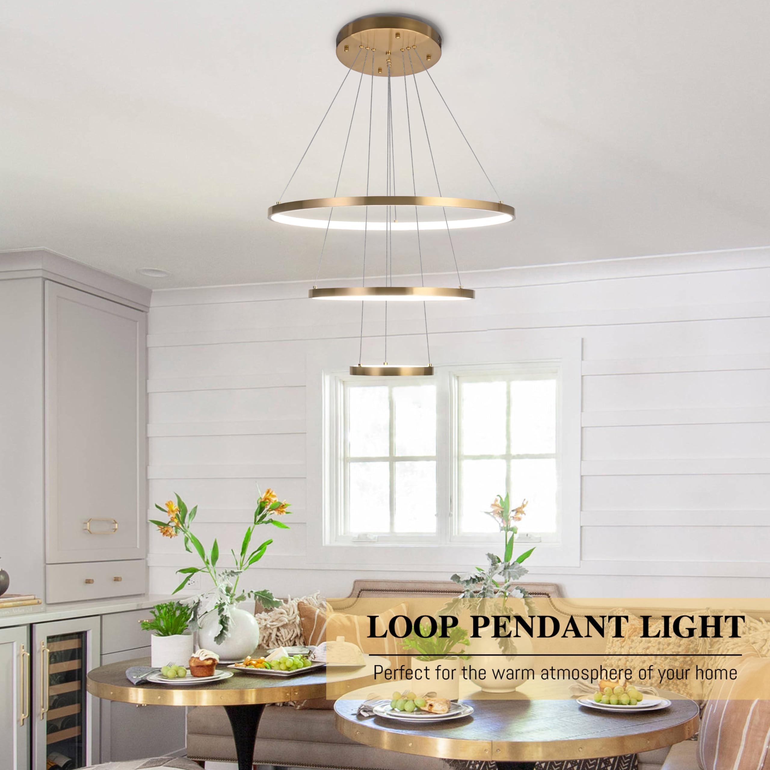 Modern LED Chandelier Contemporary Pendant Lighting Ring Light Fixture Gold with 4000K and 59in Height Adjustable Hanging Lamp for Kitchen Island Hallway Foyer Closet Corridor